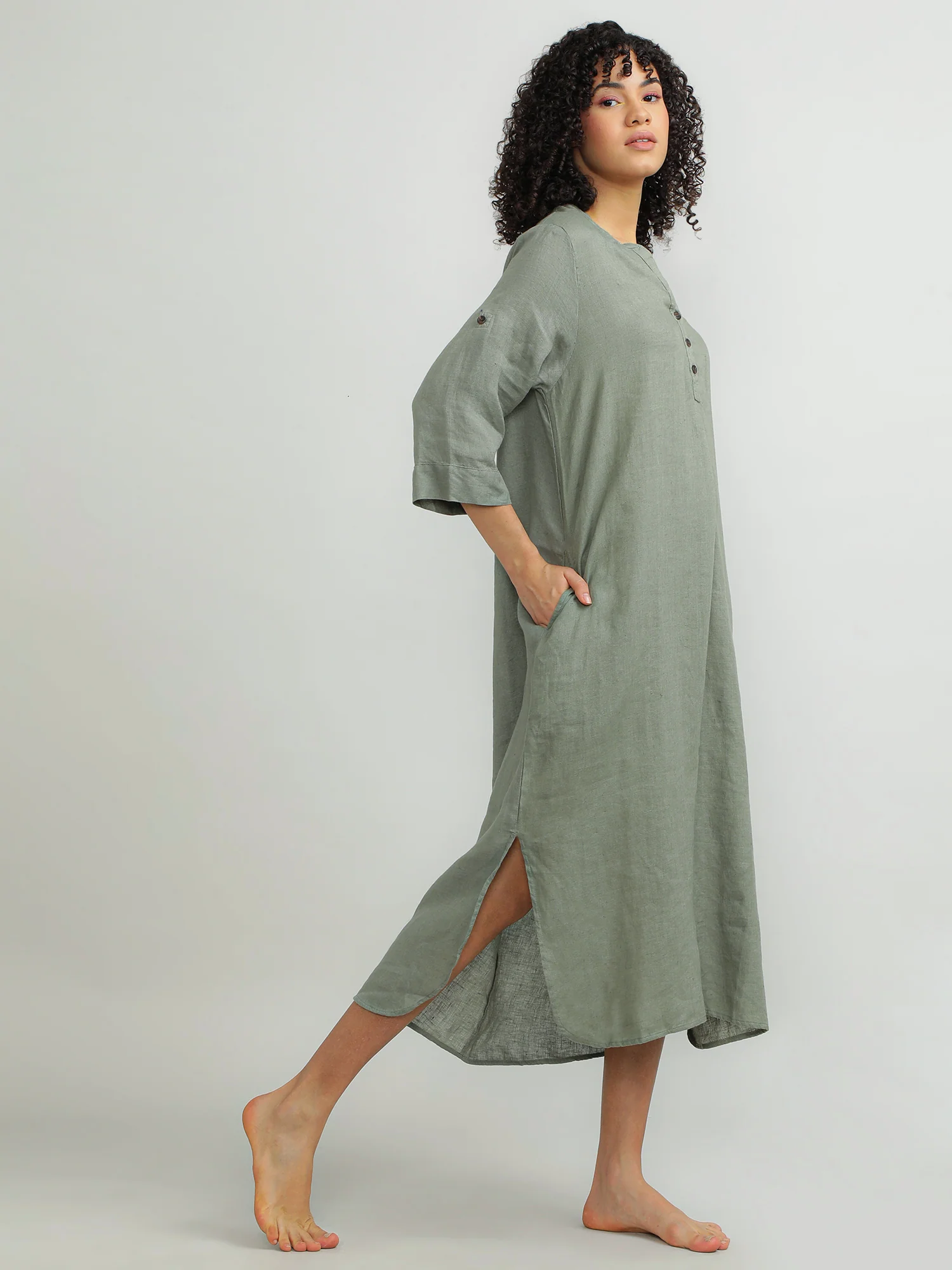 Women Linen Green Breezy Dress - Image 4