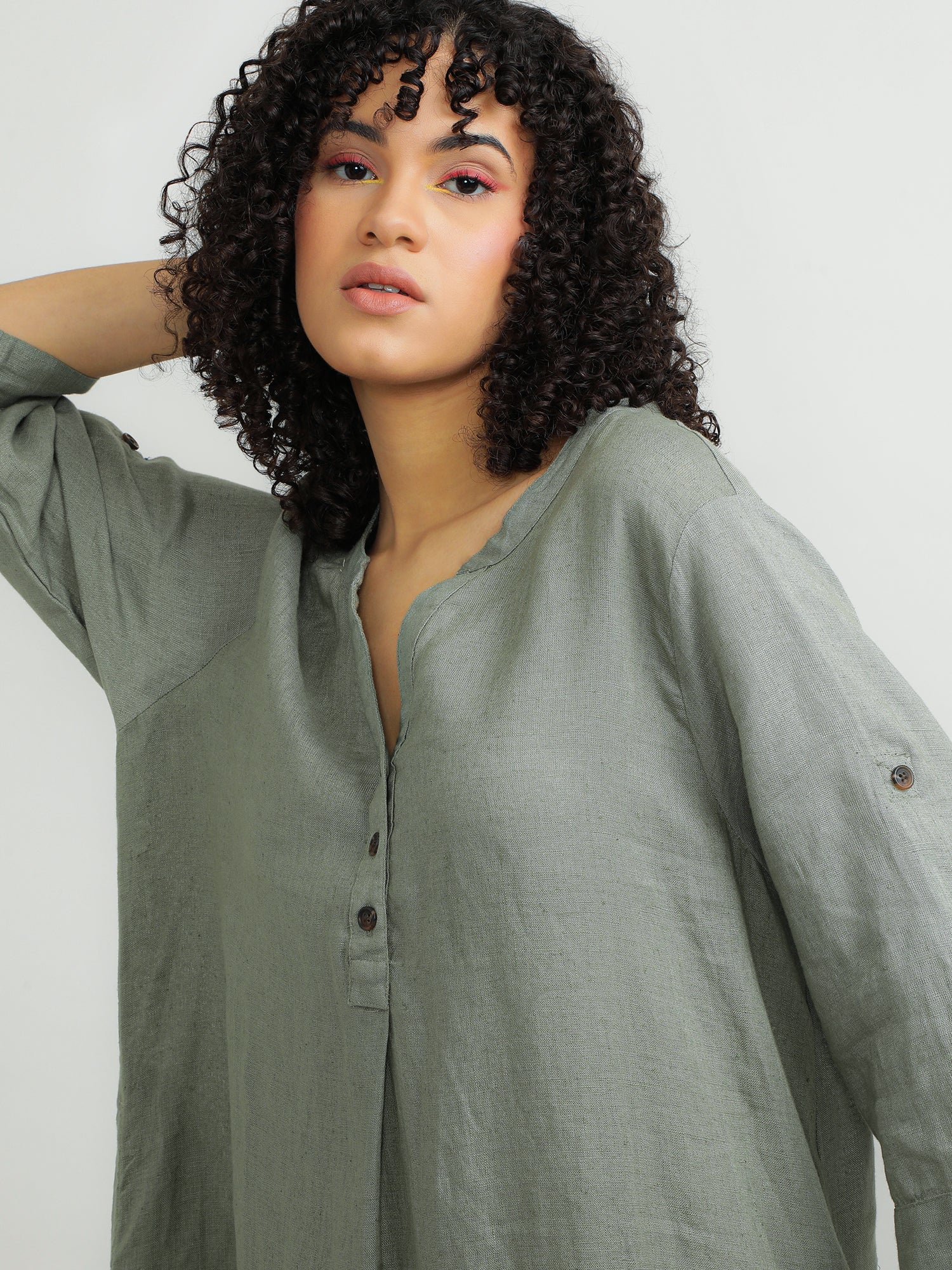 Women Linen Green Breezy Dress - Image 5