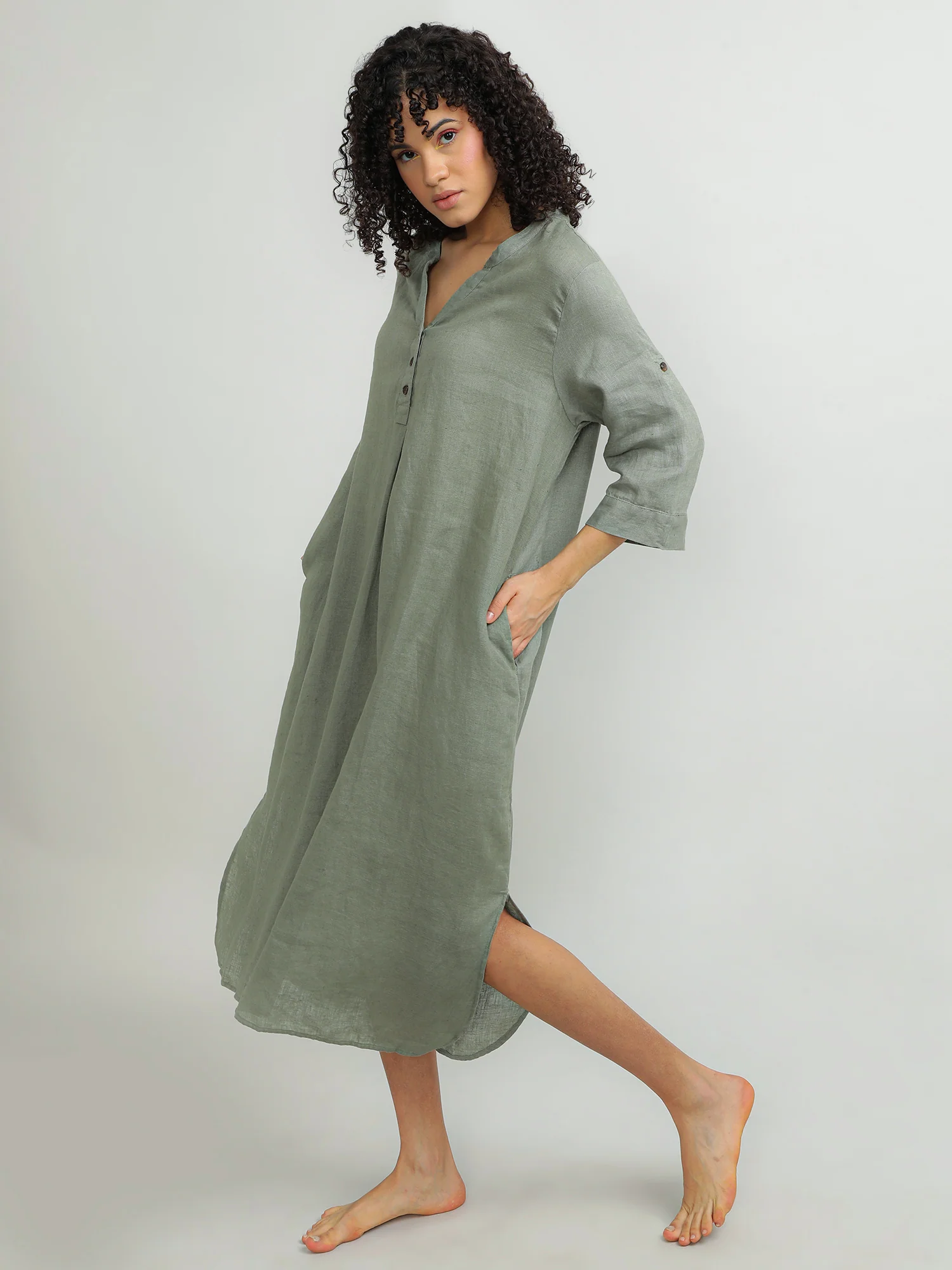 Women Linen Green Breezy Dress - Image 8