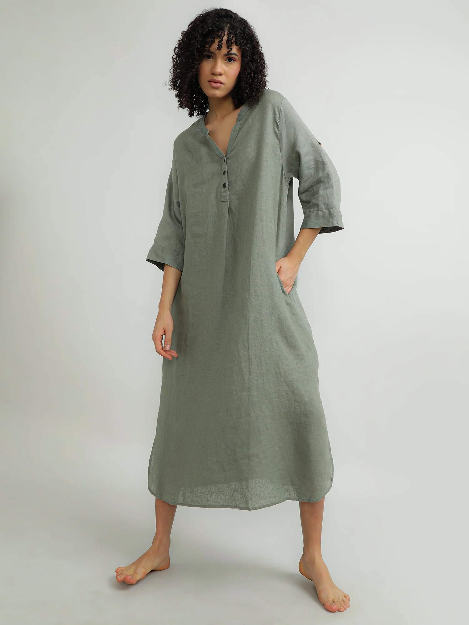 Women Linen Green Breezy Dress - Image 9