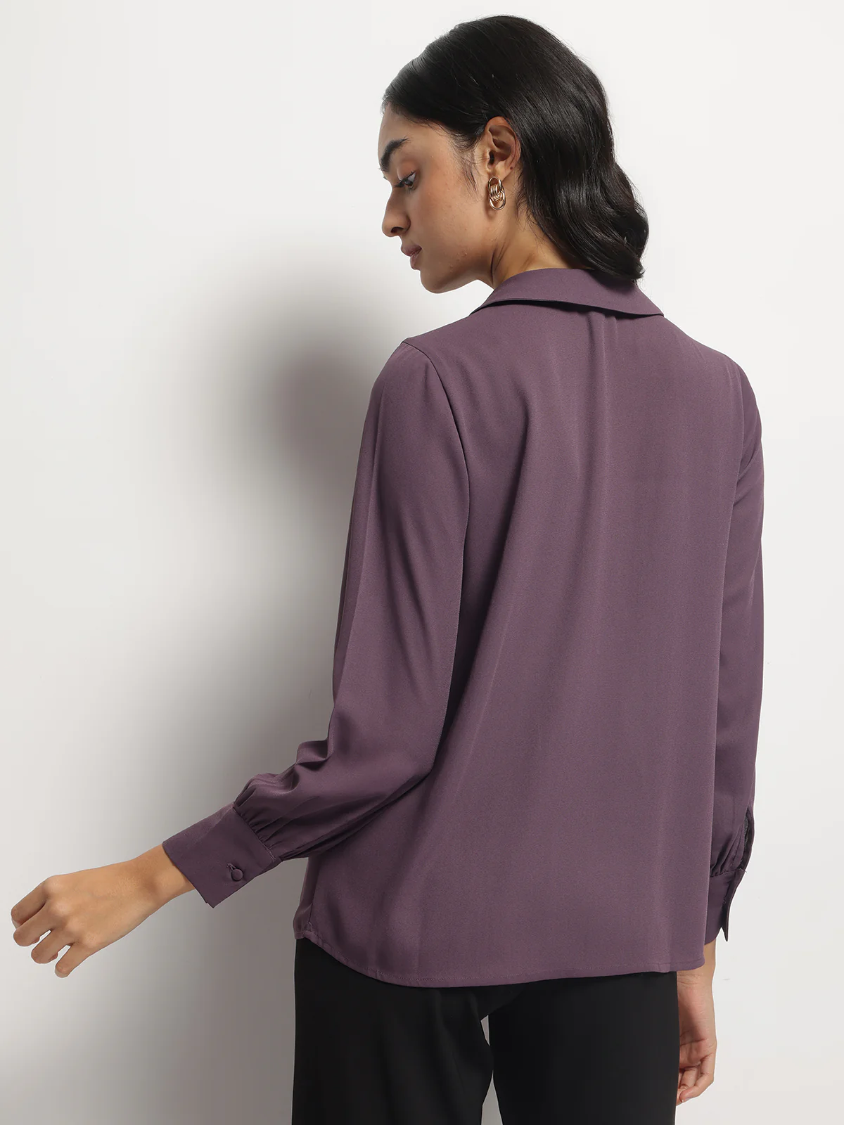 Women Long Collar Pintuck Full Sleeves Top - Image 2