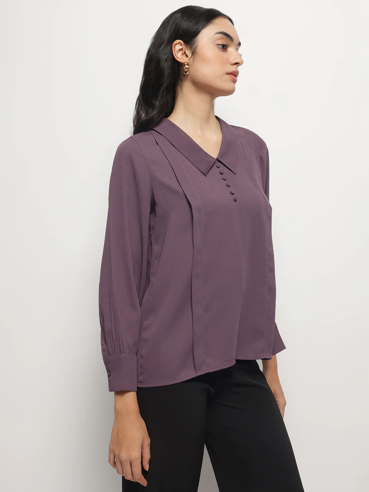 Women Long Collar Pintuck Full Sleeves Top - Image 3
