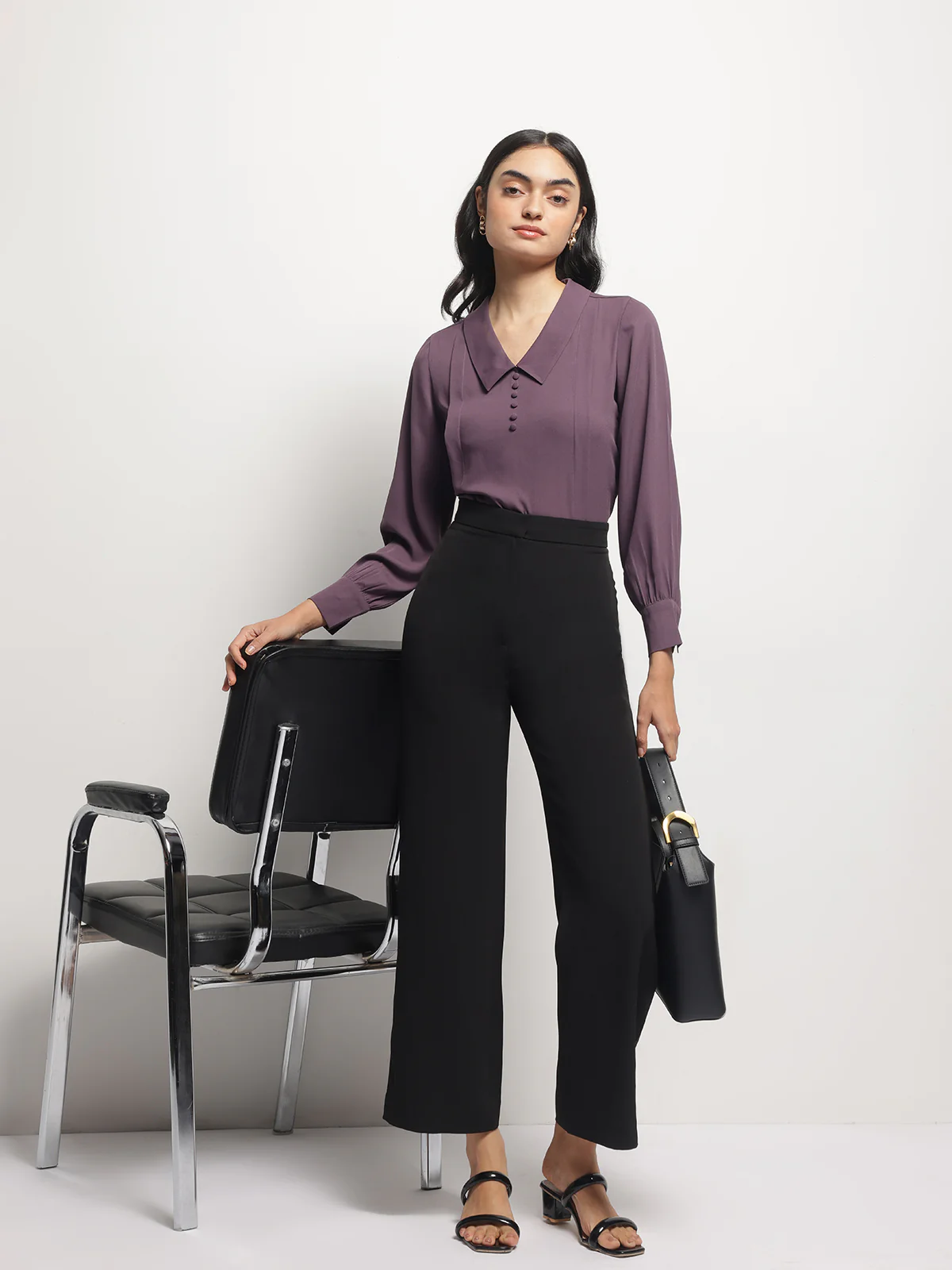 Women Long Collar Pintuck Full Sleeves Top - Image 4