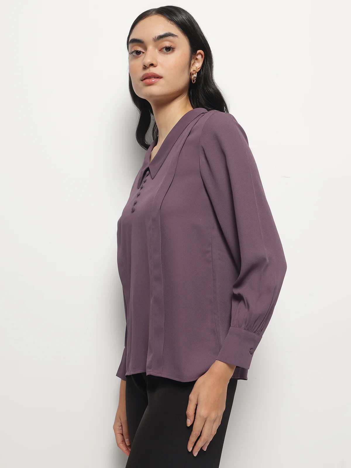 Women Long Collar Pintuck Full Sleeves Top - Image 5