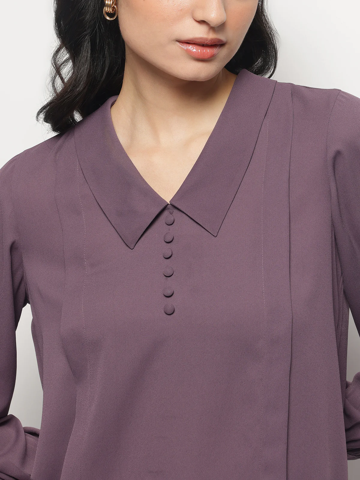 Women Long Collar Pintuck Full Sleeves Top - Image 6