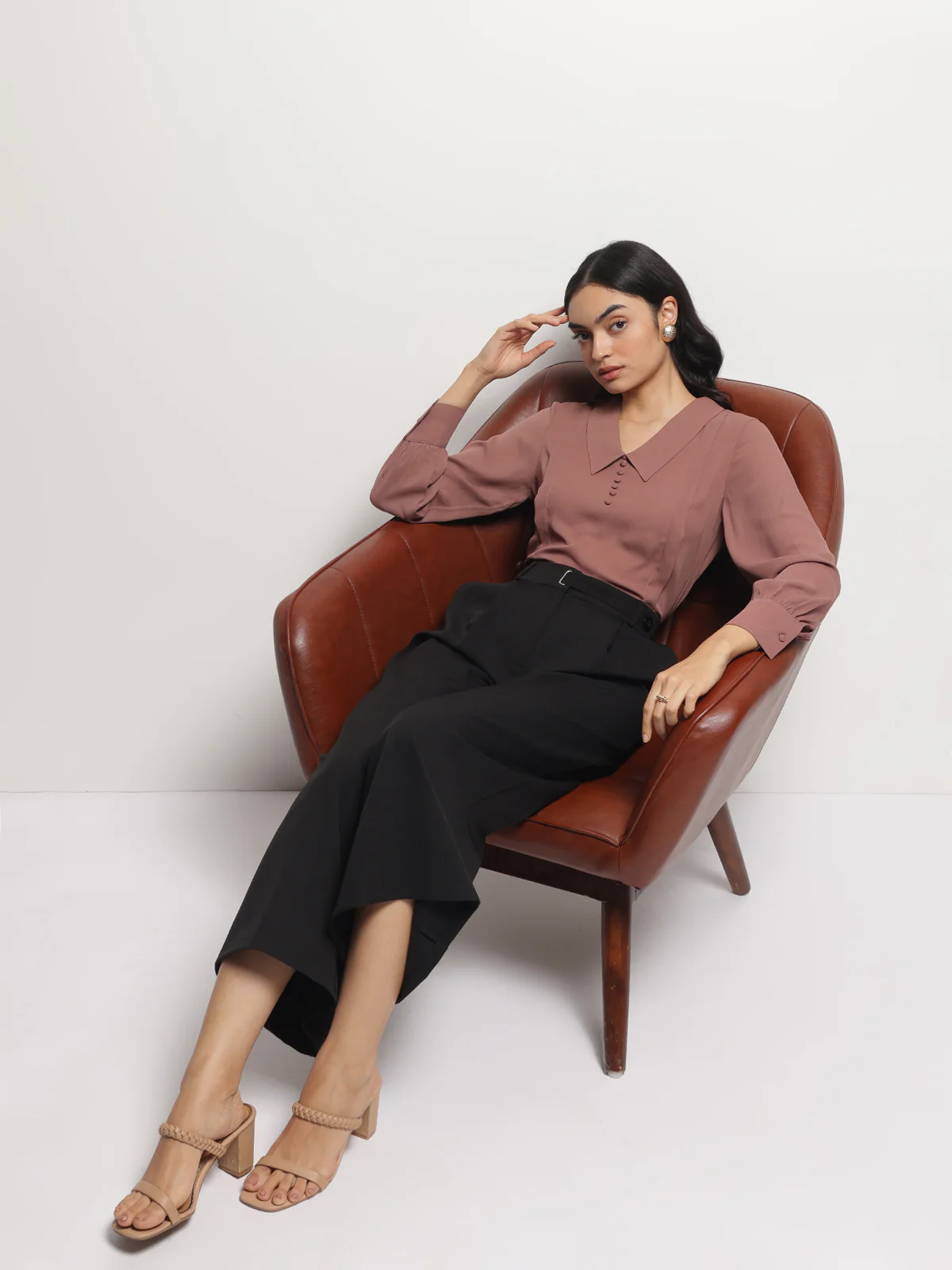 Women Long Collar Pintuck Full Sleeves Top - Image 2