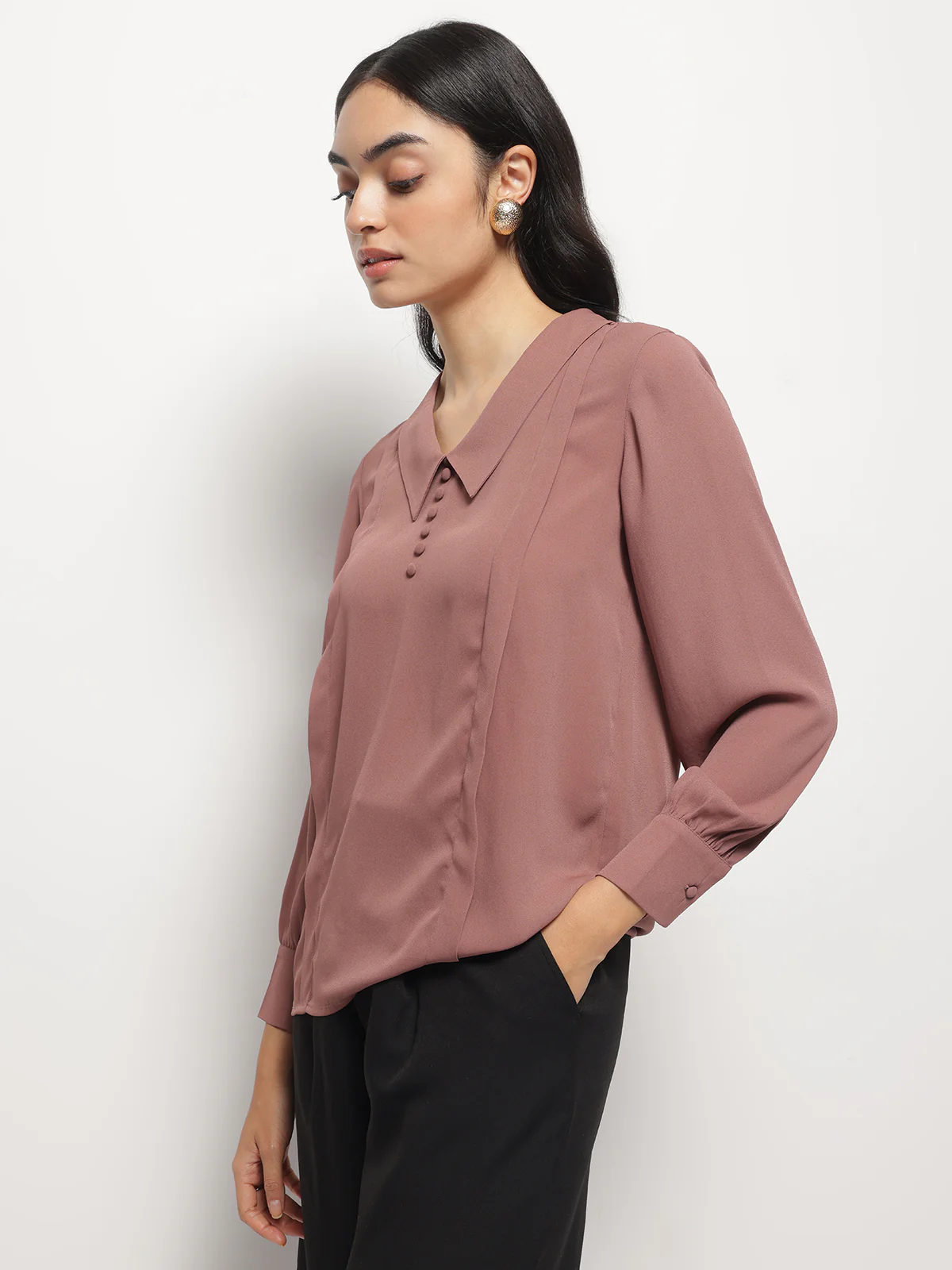 Women Long Collar Pintuck Full Sleeves Top - Image 3