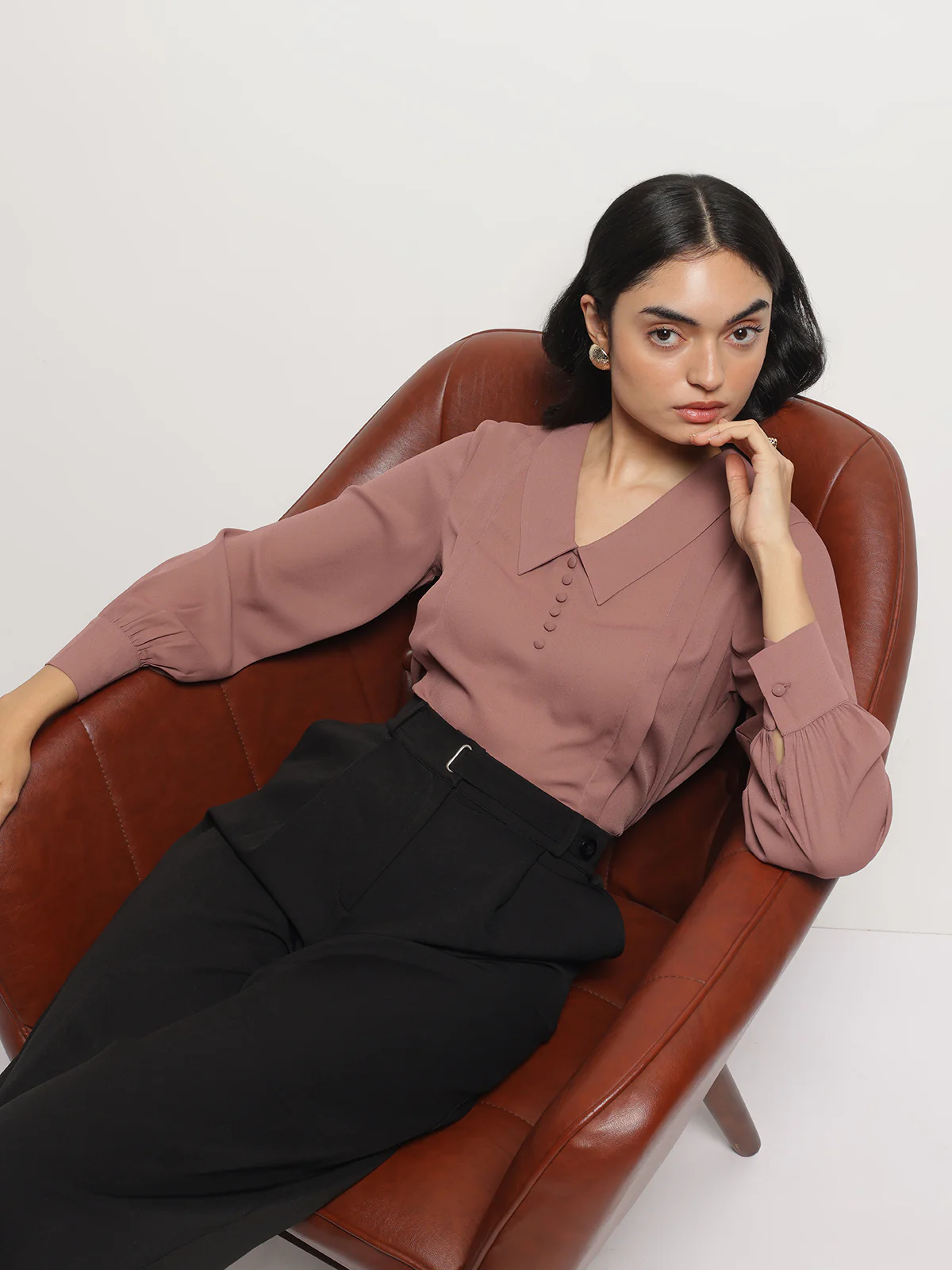 Women Long Collar Pintuck Full Sleeves Top - Image 5