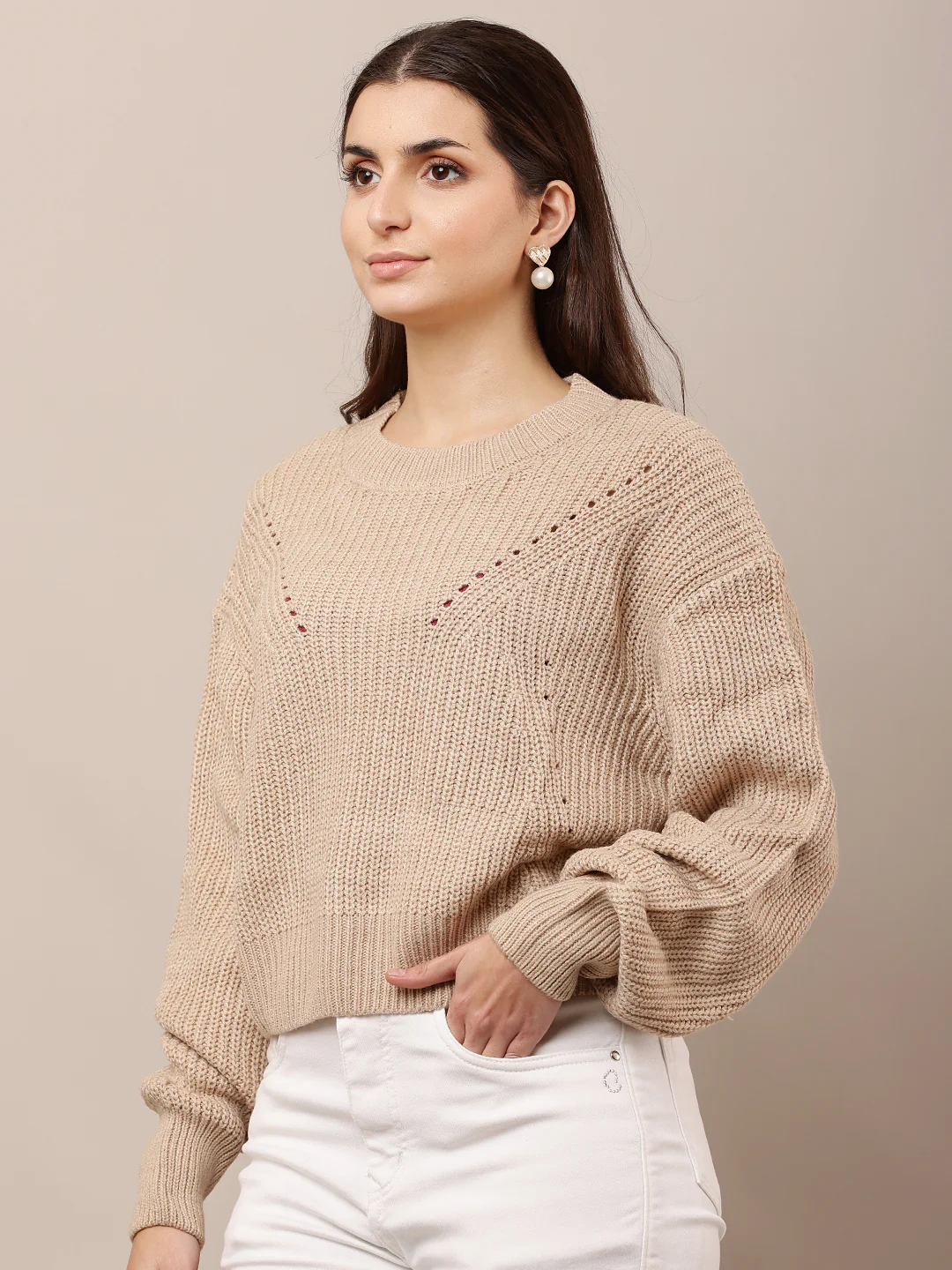 Women Loose Round Neck Light Brown Sweater - Image 2