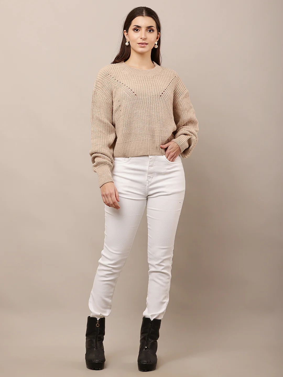 Women Loose Round Neck Light Brown Sweater - Image 3