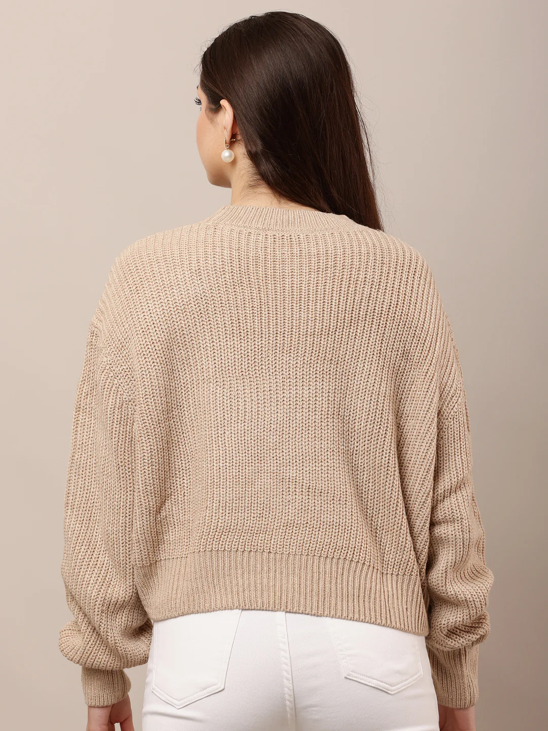 Women Loose Round Neck Light Brown Sweater - Image 4
