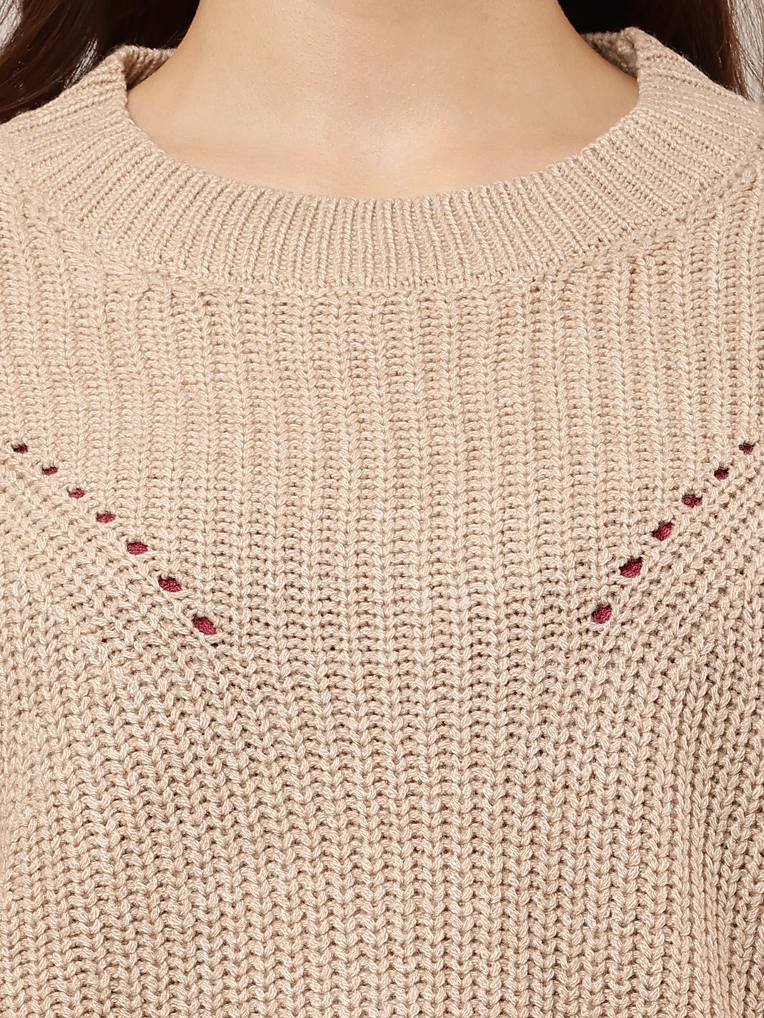 Women Loose Round Neck Light Brown Sweater - Image 5