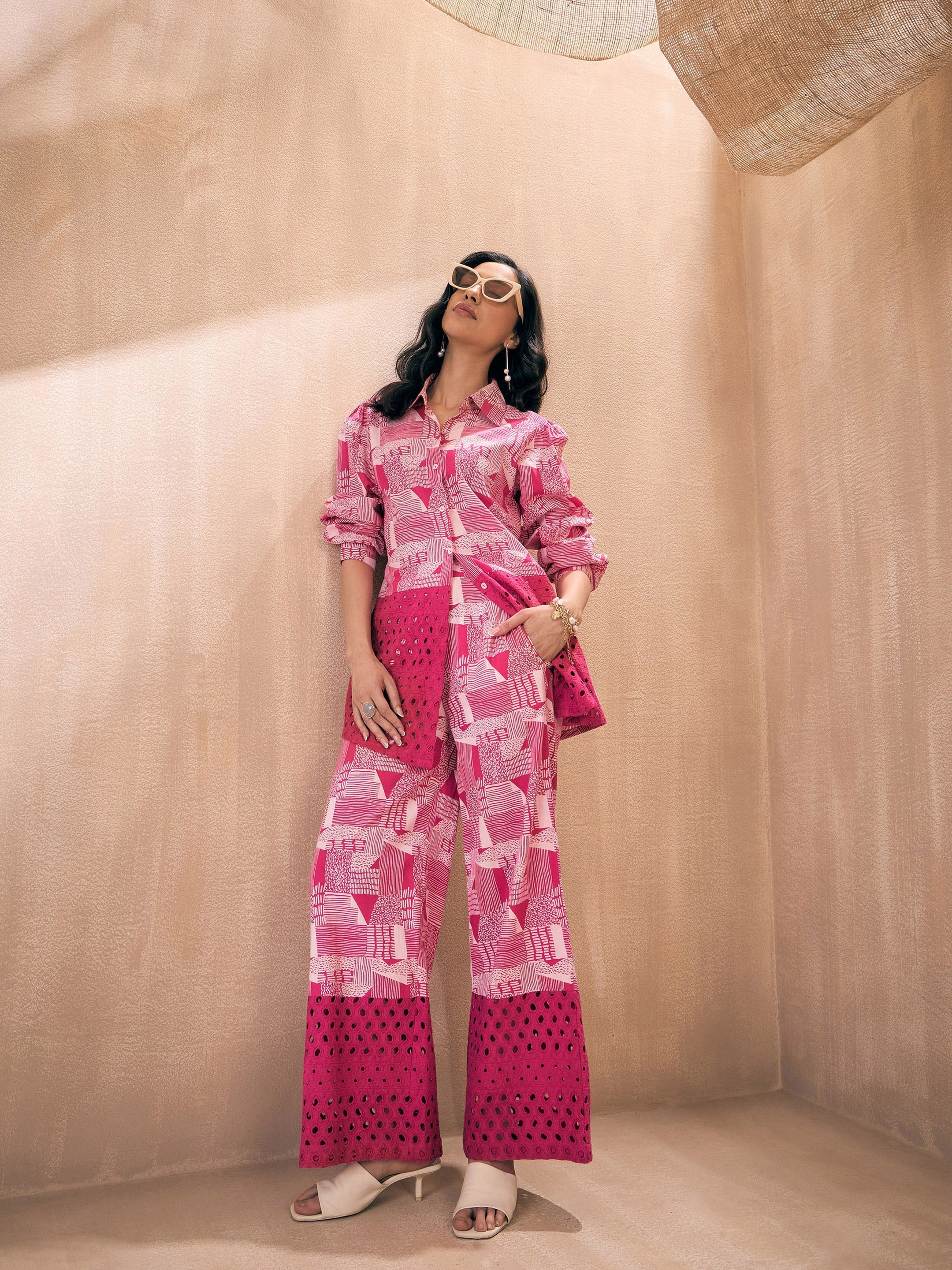 Women Magenta Abstract Schiffli Shirt With Wide Pants