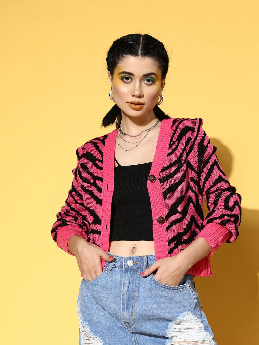 Women Magenta Animal Printed Front Open Wool Cardigan - Image 2
