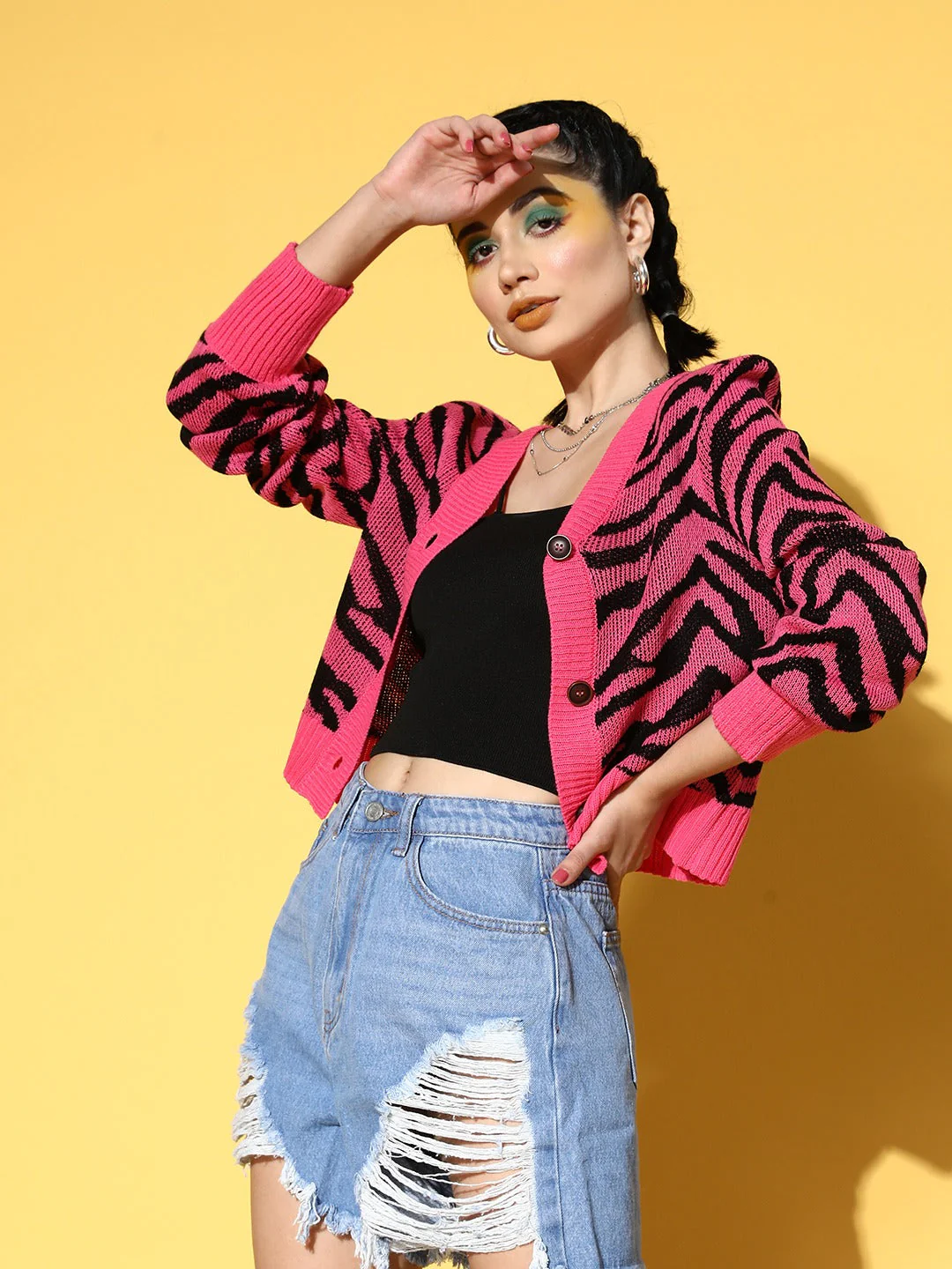 Women Magenta Animal Printed Front Open Wool Cardigan - Image 3