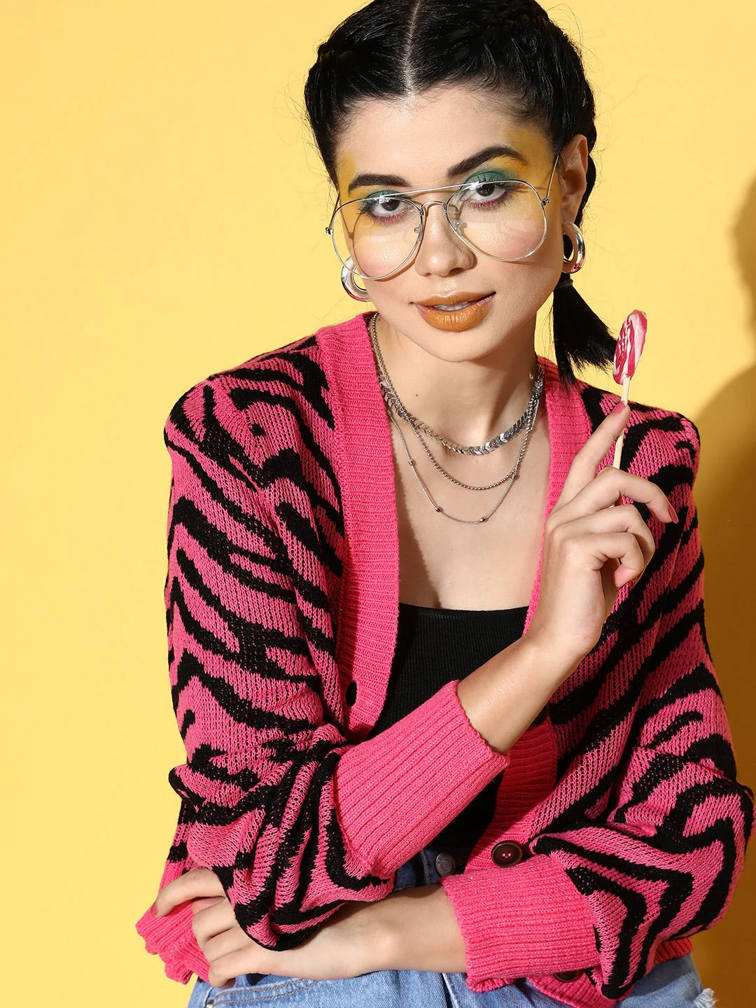 Women Magenta Animal Printed Front Open Wool Cardigan - Image 4