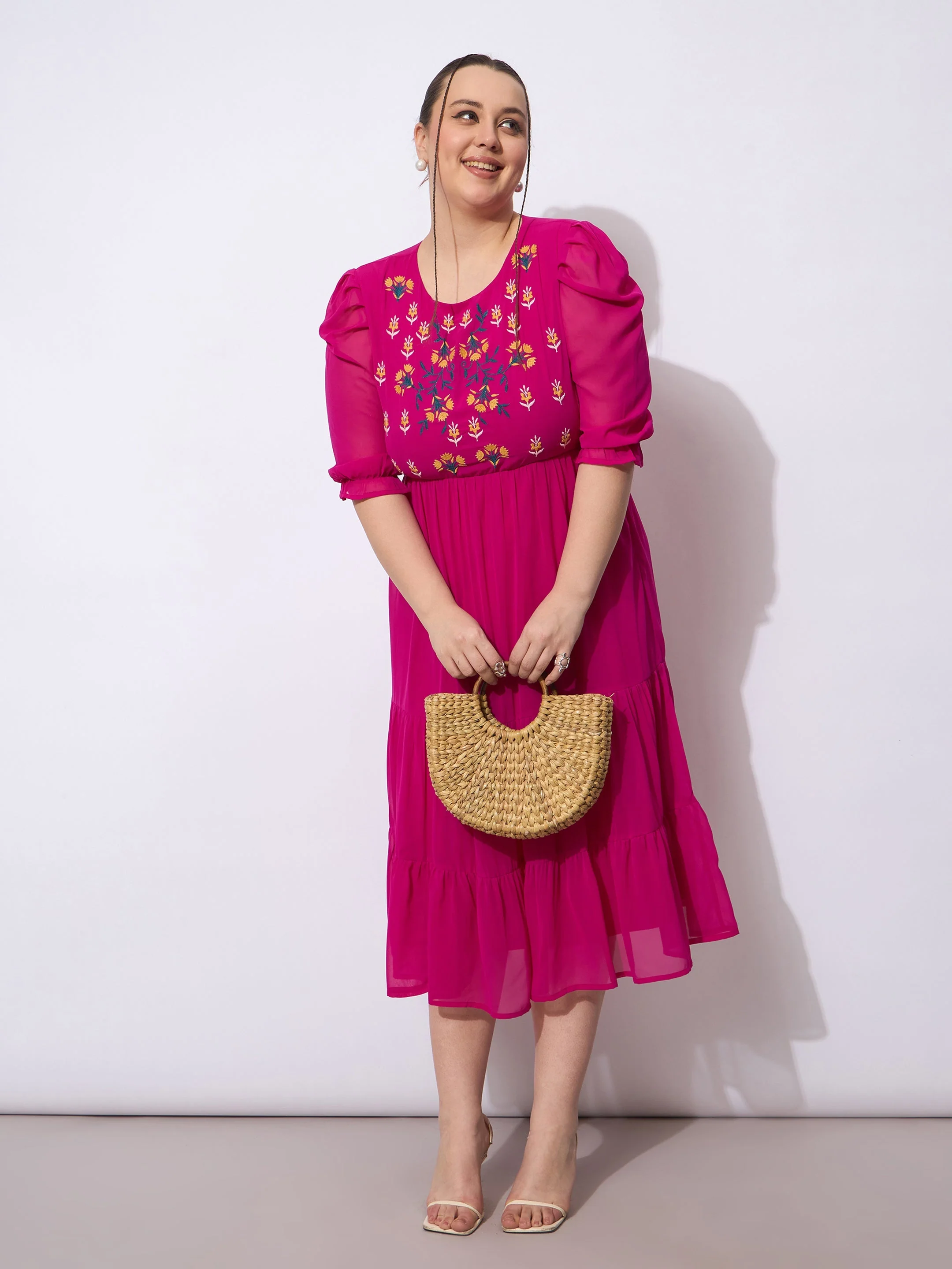 Women Magenta Embroidered Georgette Tiered Midi Dress - Image 2