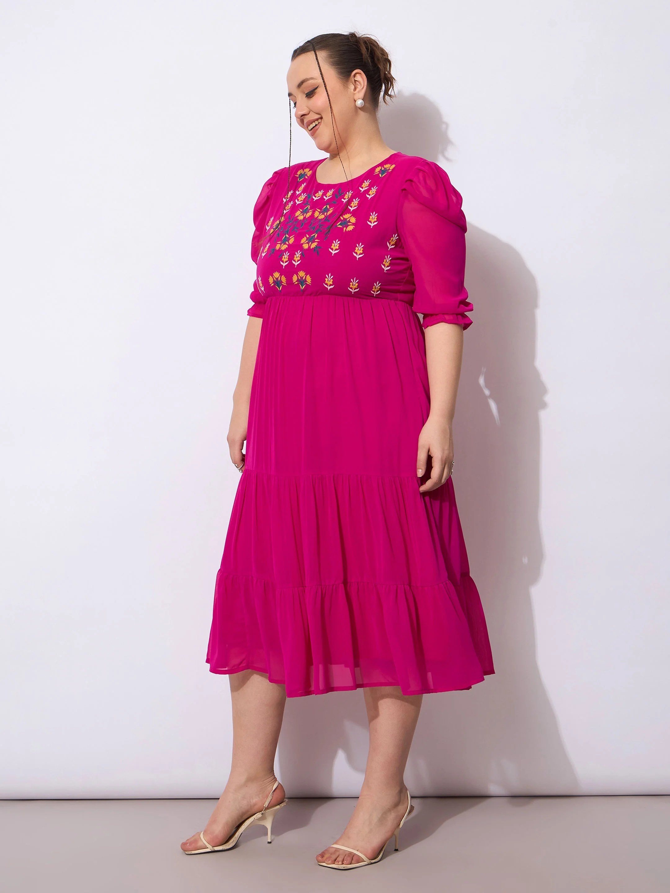 Women Magenta Embroidered Georgette Tiered Midi Dress - Image 3