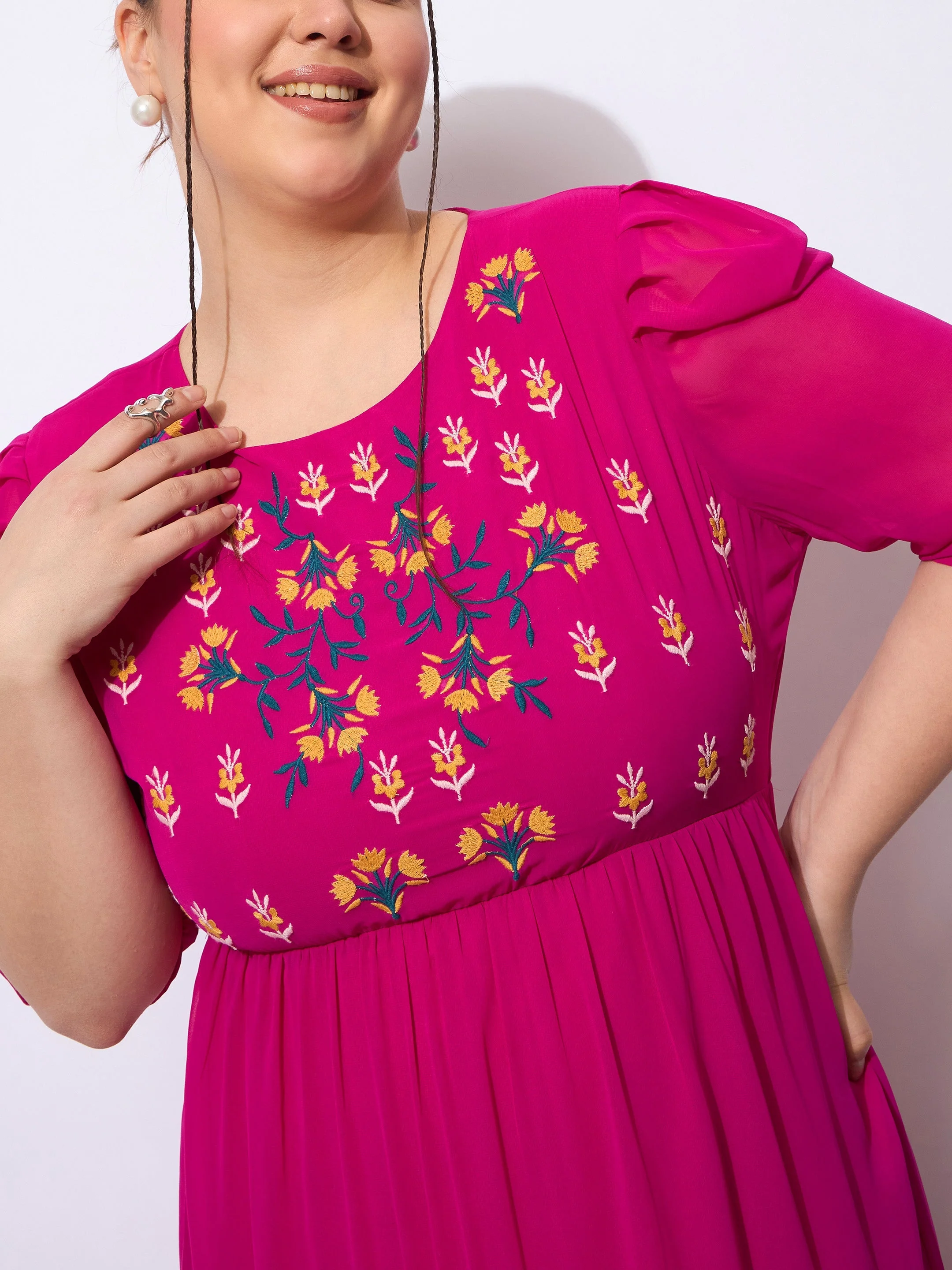 Women Magenta Embroidered Georgette Tiered Midi Dress - Image 4