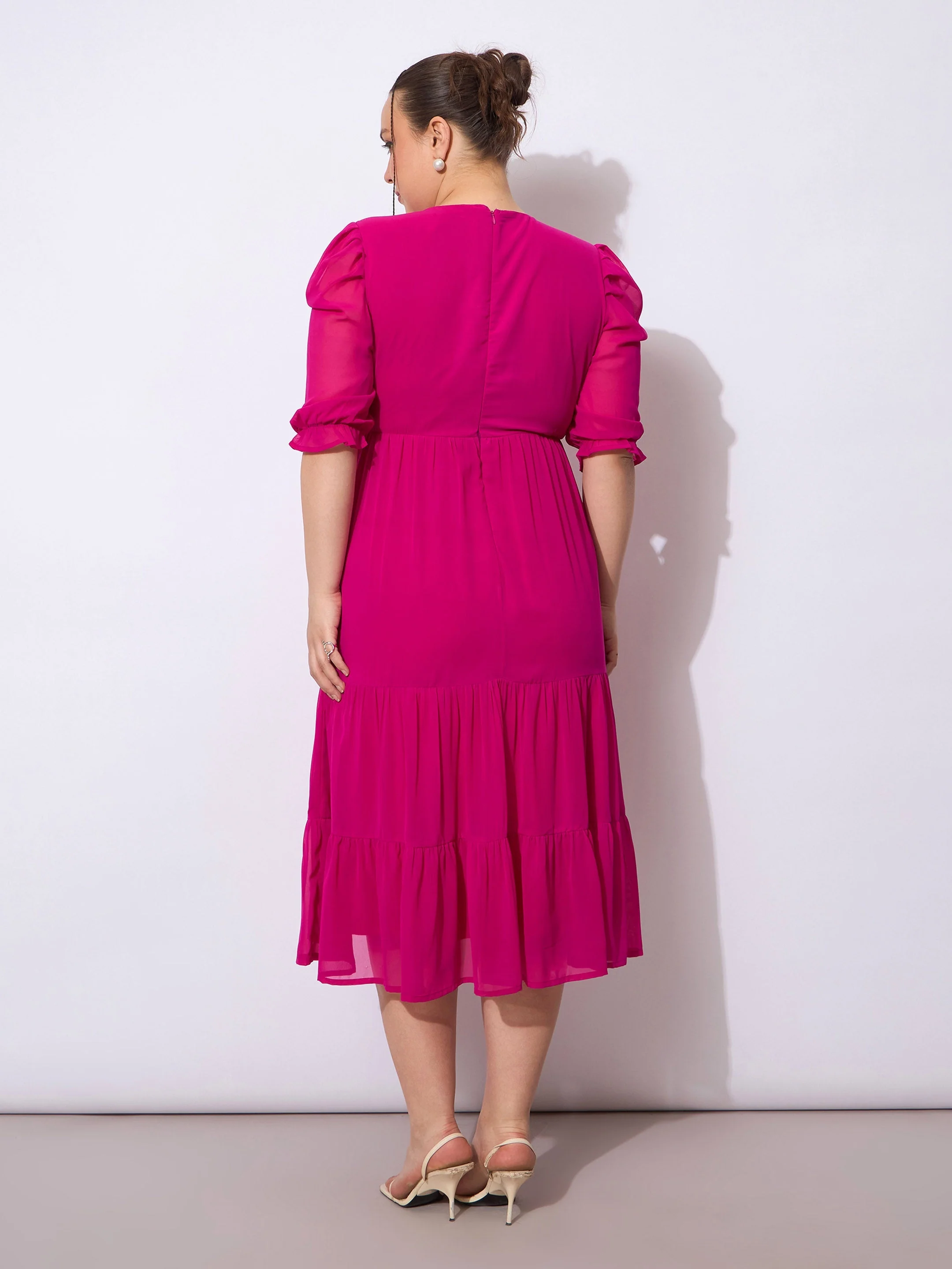 Women Magenta Embroidered Georgette Tiered Midi Dress - Image 5