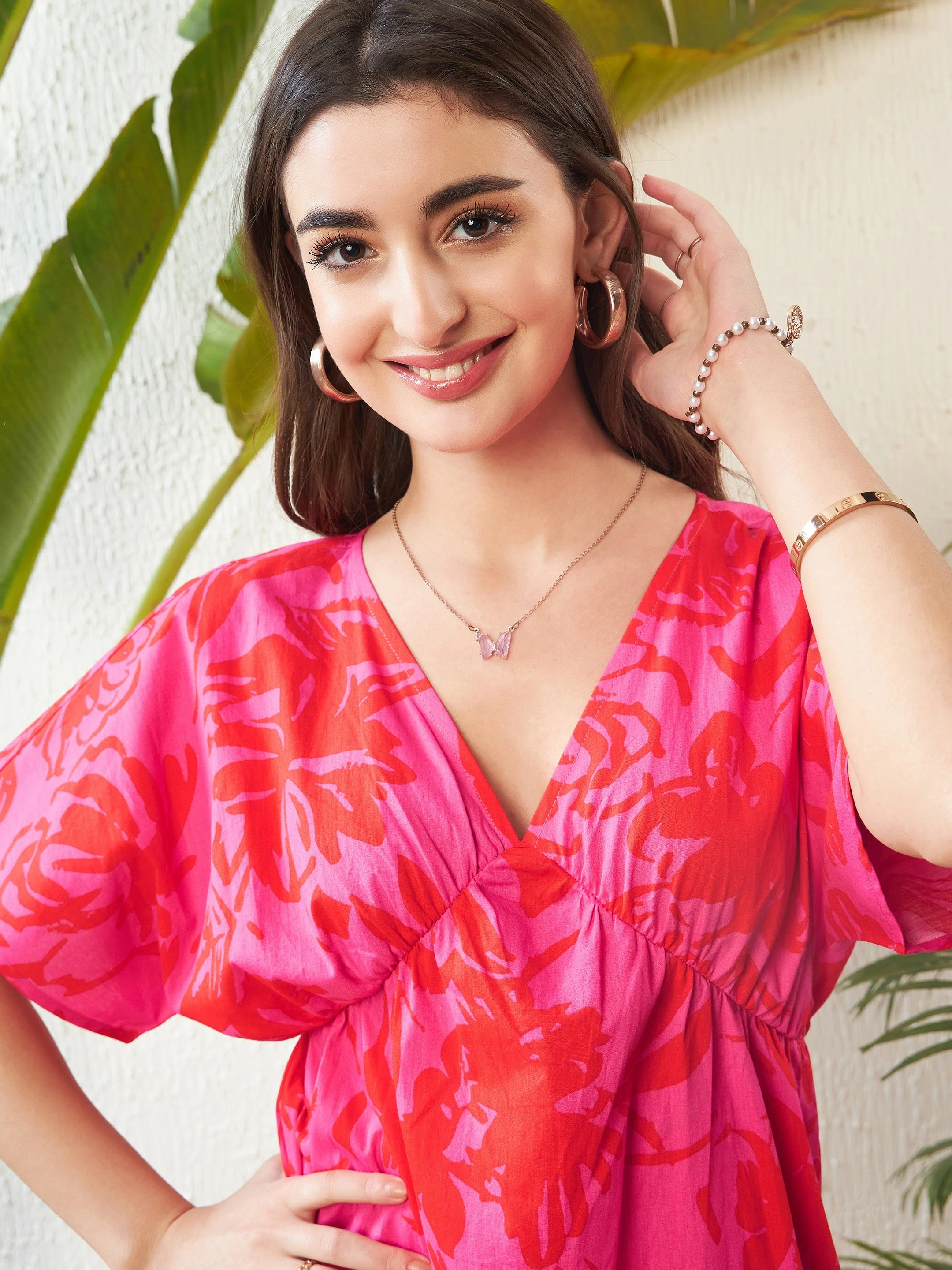 Women Magenta Floral Kimono Mini Dress - Image 3