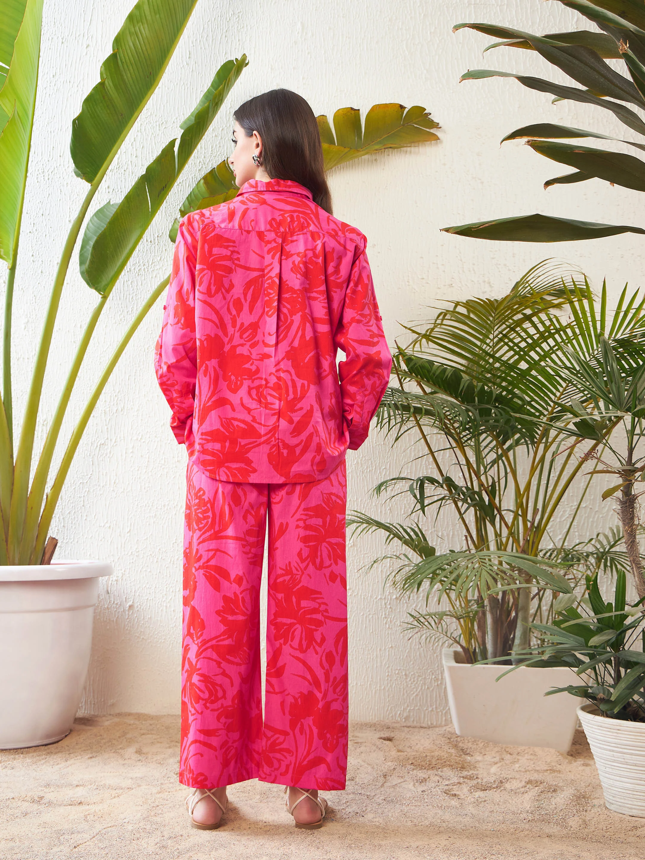 Women Magenta Floral Shirt With Lounge Pants - Image 2