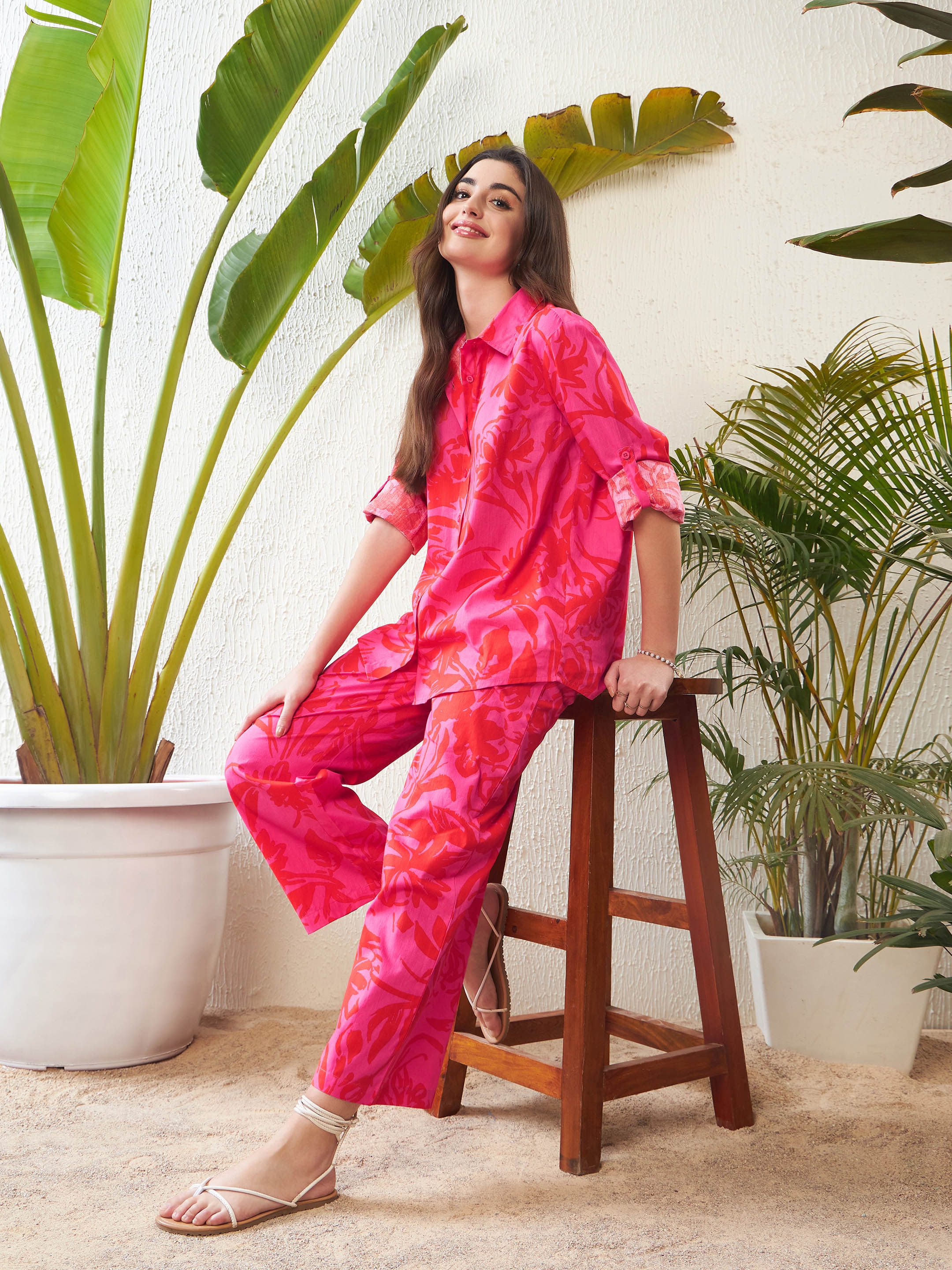 Women Magenta Floral Shirt With Lounge Pants - Image 5