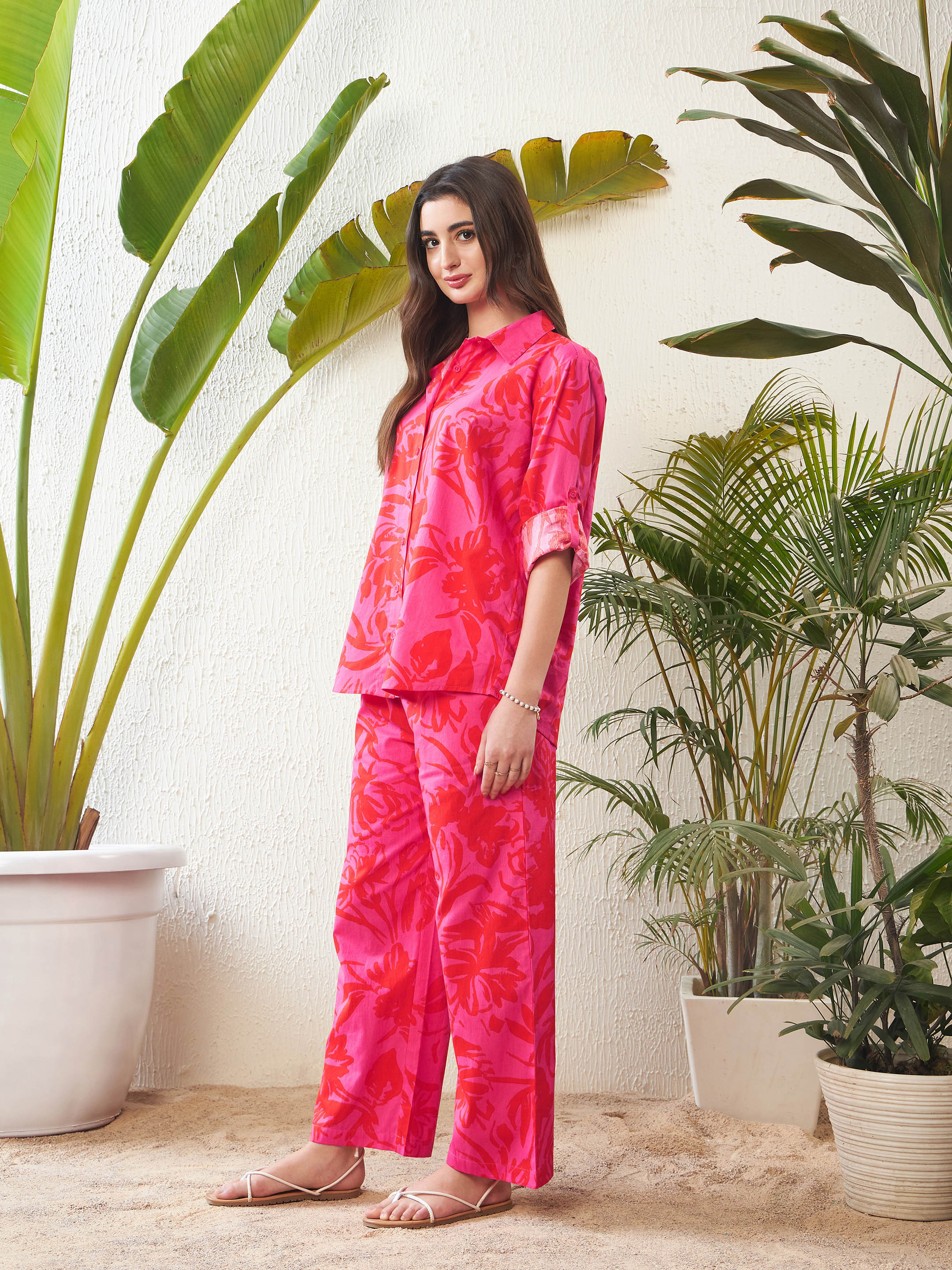 Women Magenta Floral Shirt With Lounge Pants - Image 6