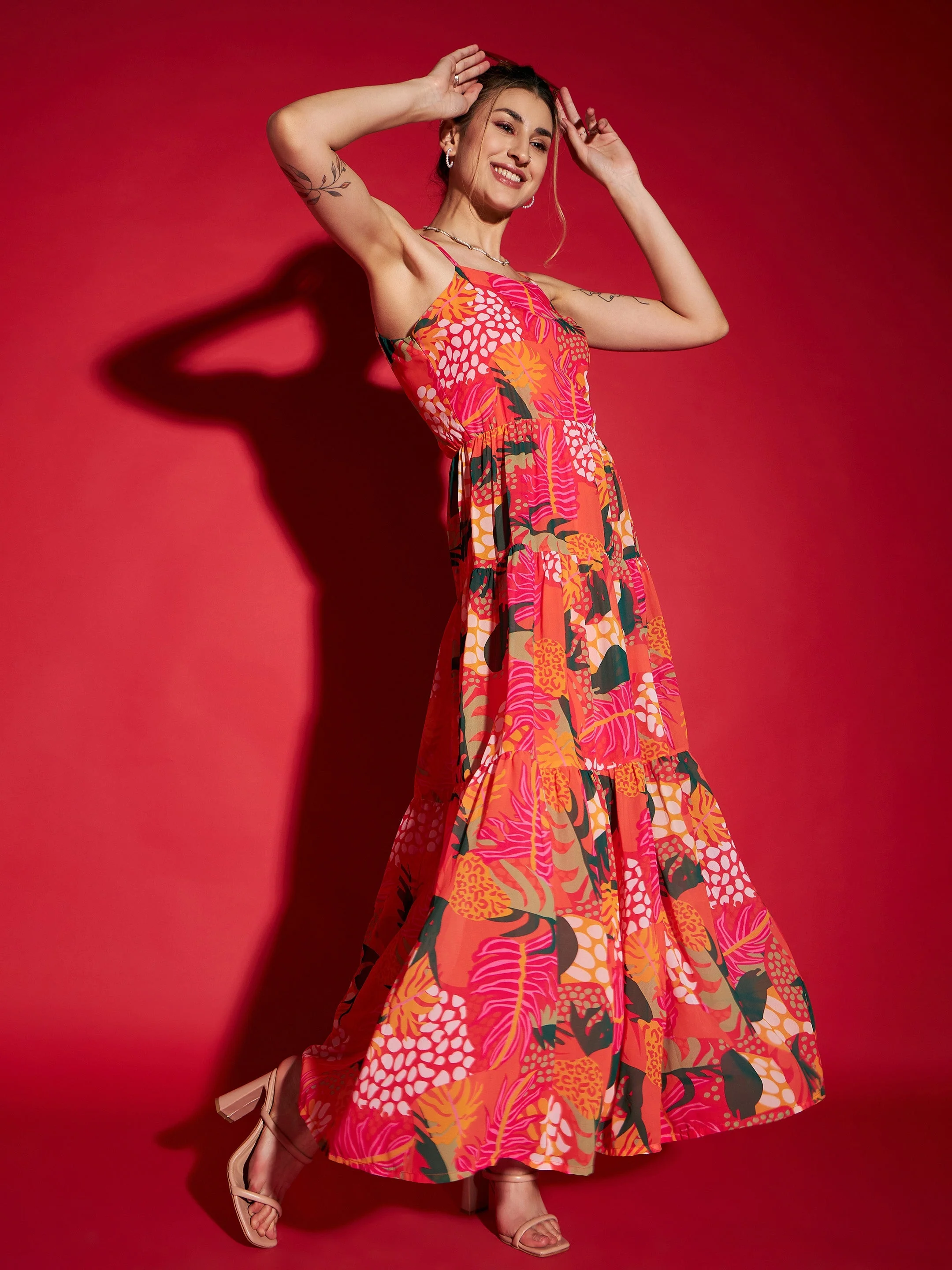 Women Magenta Floral Strappy Tiered Maxi Dress - Image 2