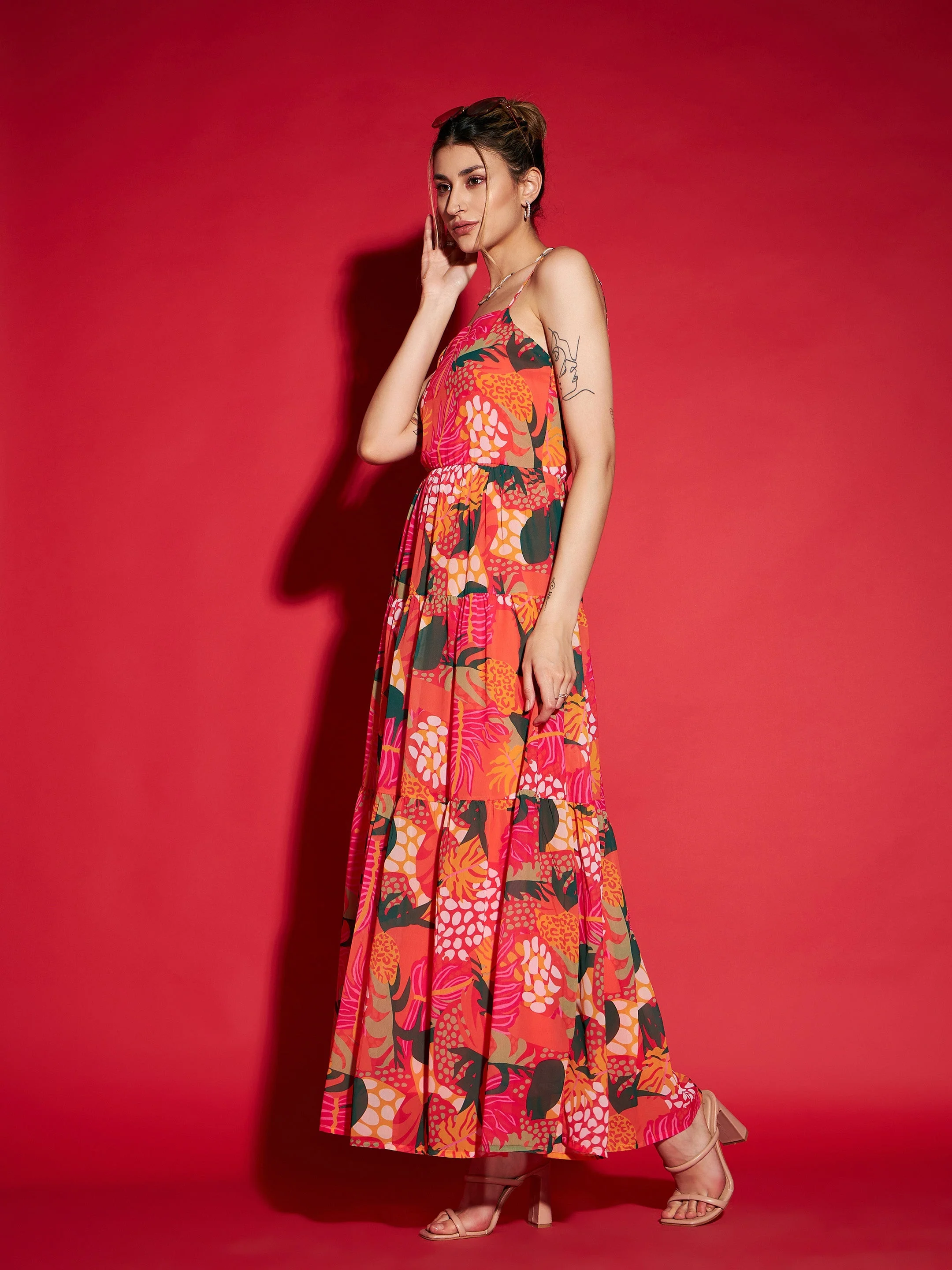 Women Magenta Floral Strappy Tiered Maxi Dress - Image 3