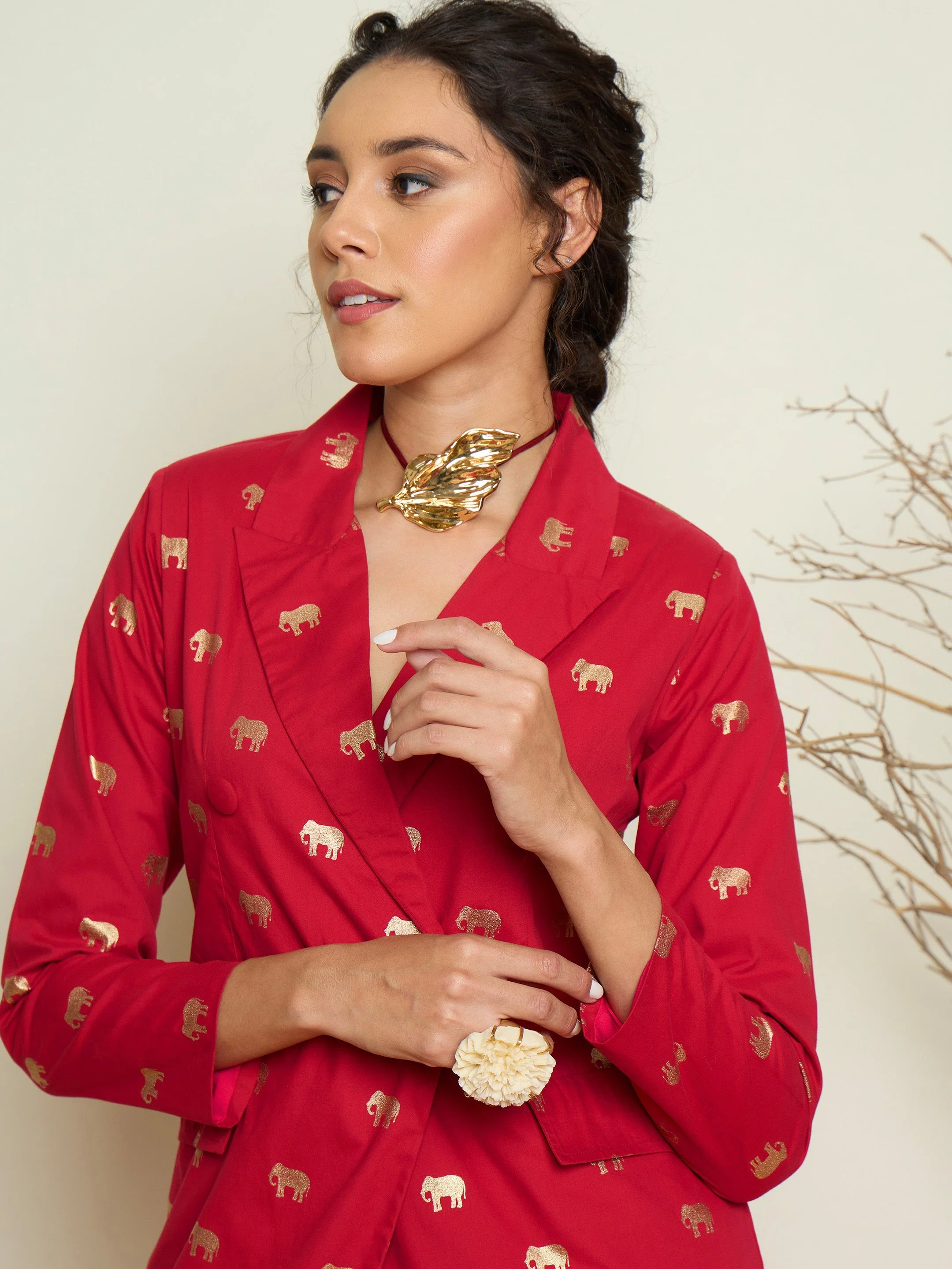 Women Magenta Foil Printed Blazer With Gathered Skirt - Image 2