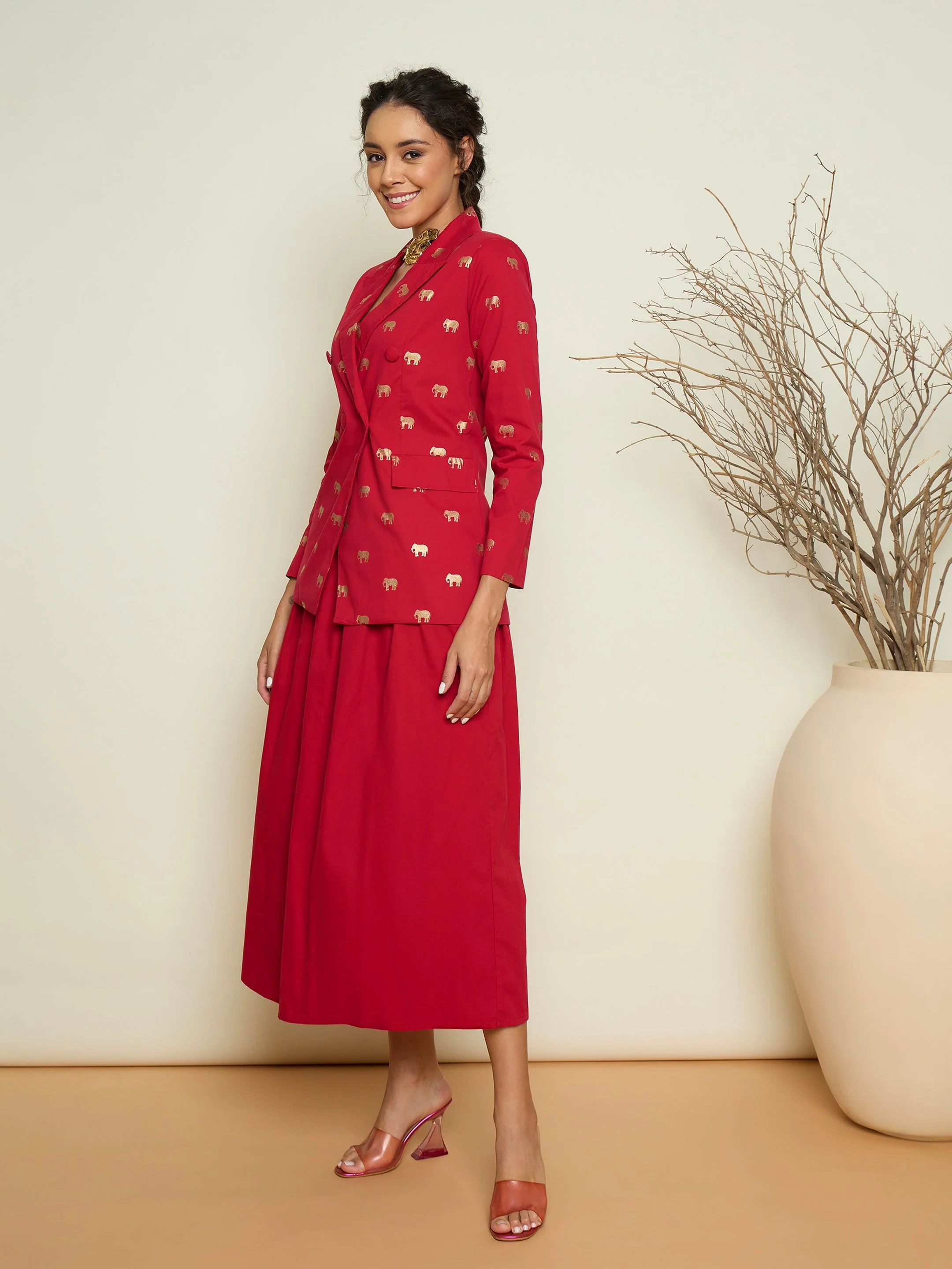 Women Magenta Foil Printed Blazer With Gathered Skirt - Image 5