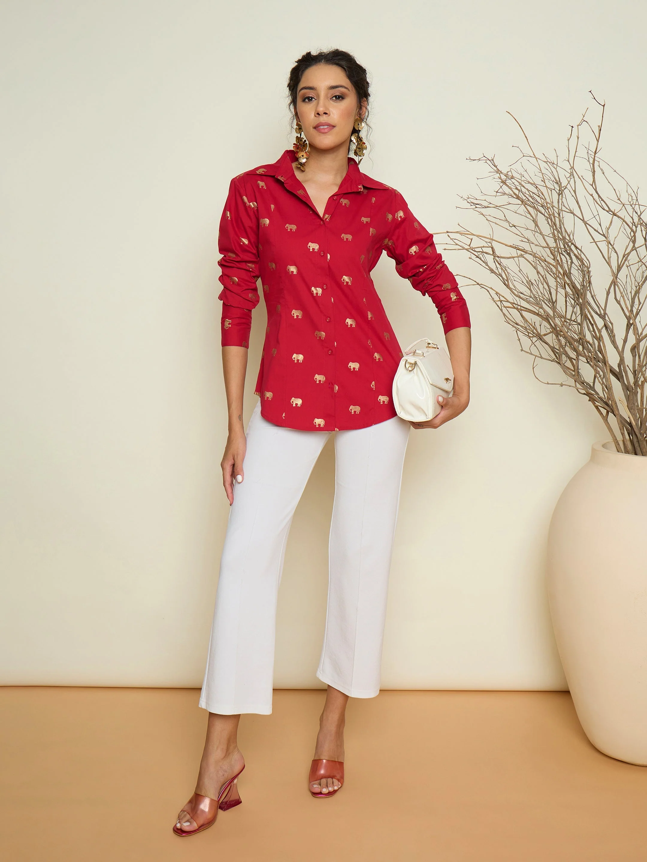 Women Magenta Foil Printed Shoulder Padded Slim Fit Poplin Shirt - Image 5