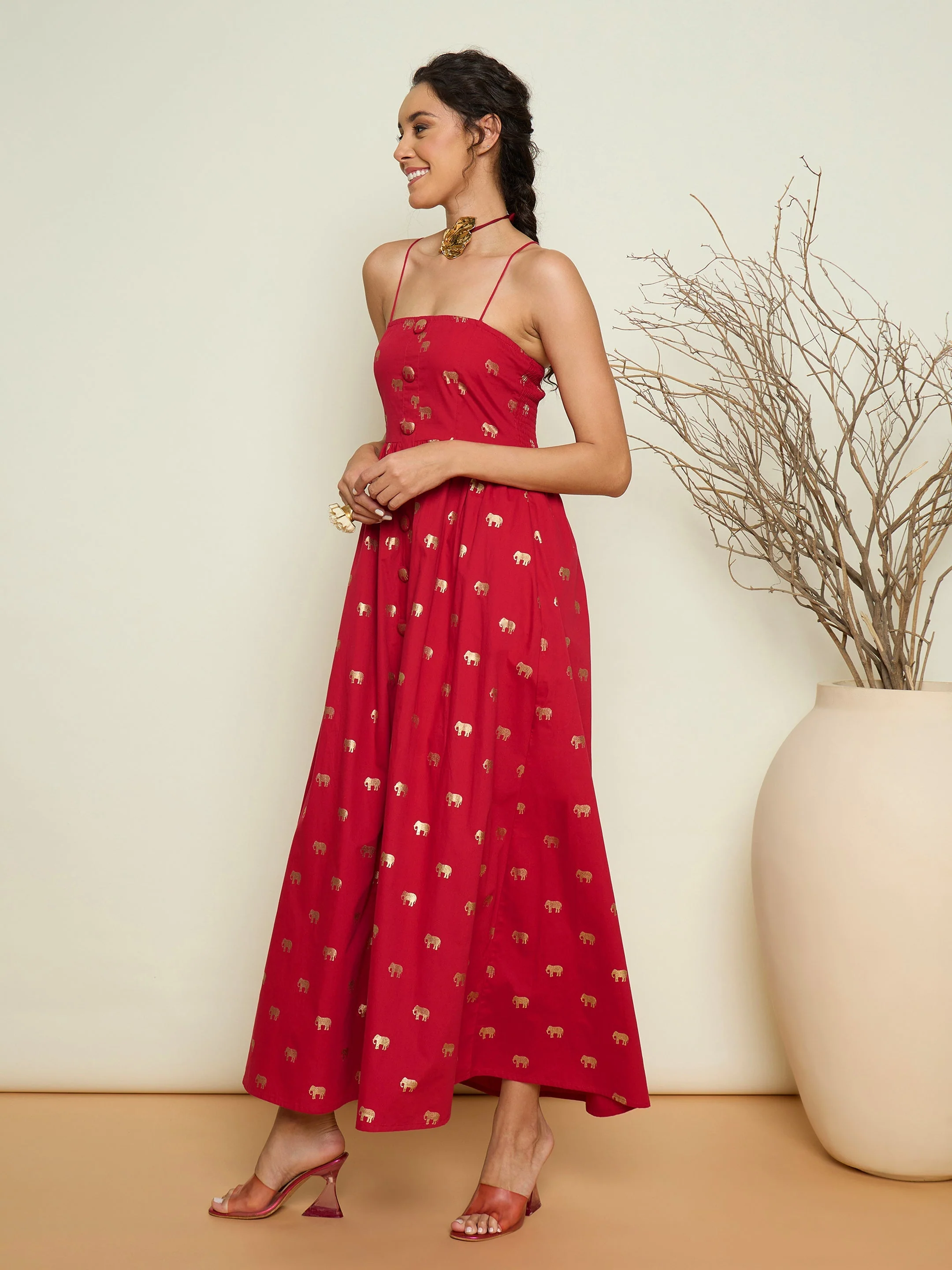 Women Magenta Foil Printed Strappy Front Button Maxi Dress - Image 3