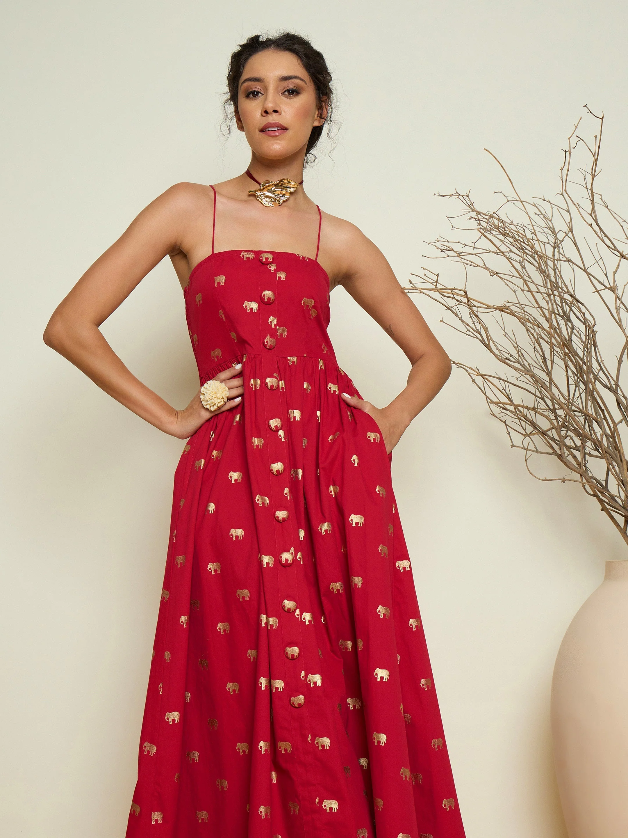 Women Magenta Foil Printed Strappy Front Button Maxi Dress - Image 4