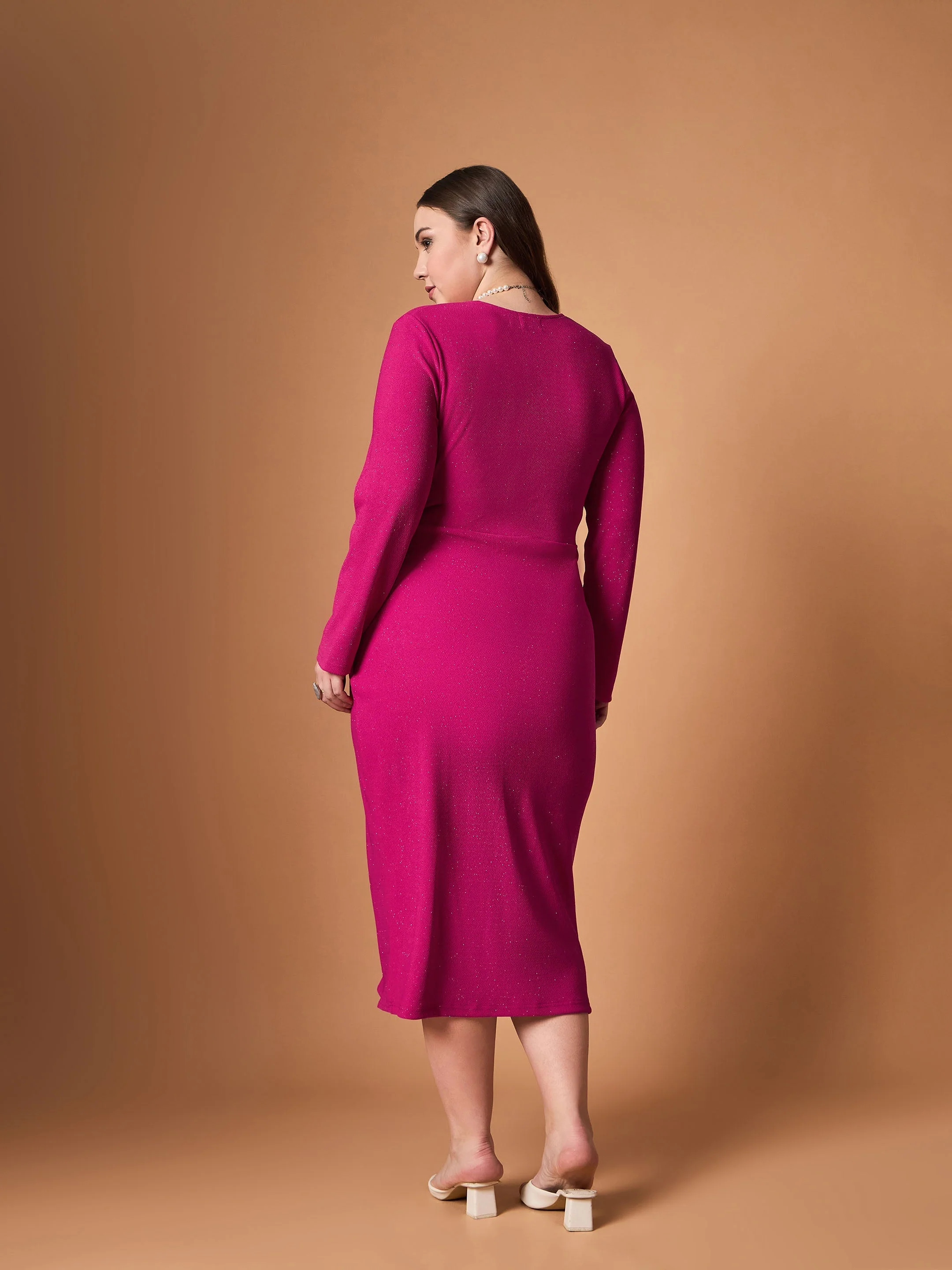 Women Magenta Glitter Front Slit Dress - Image 5