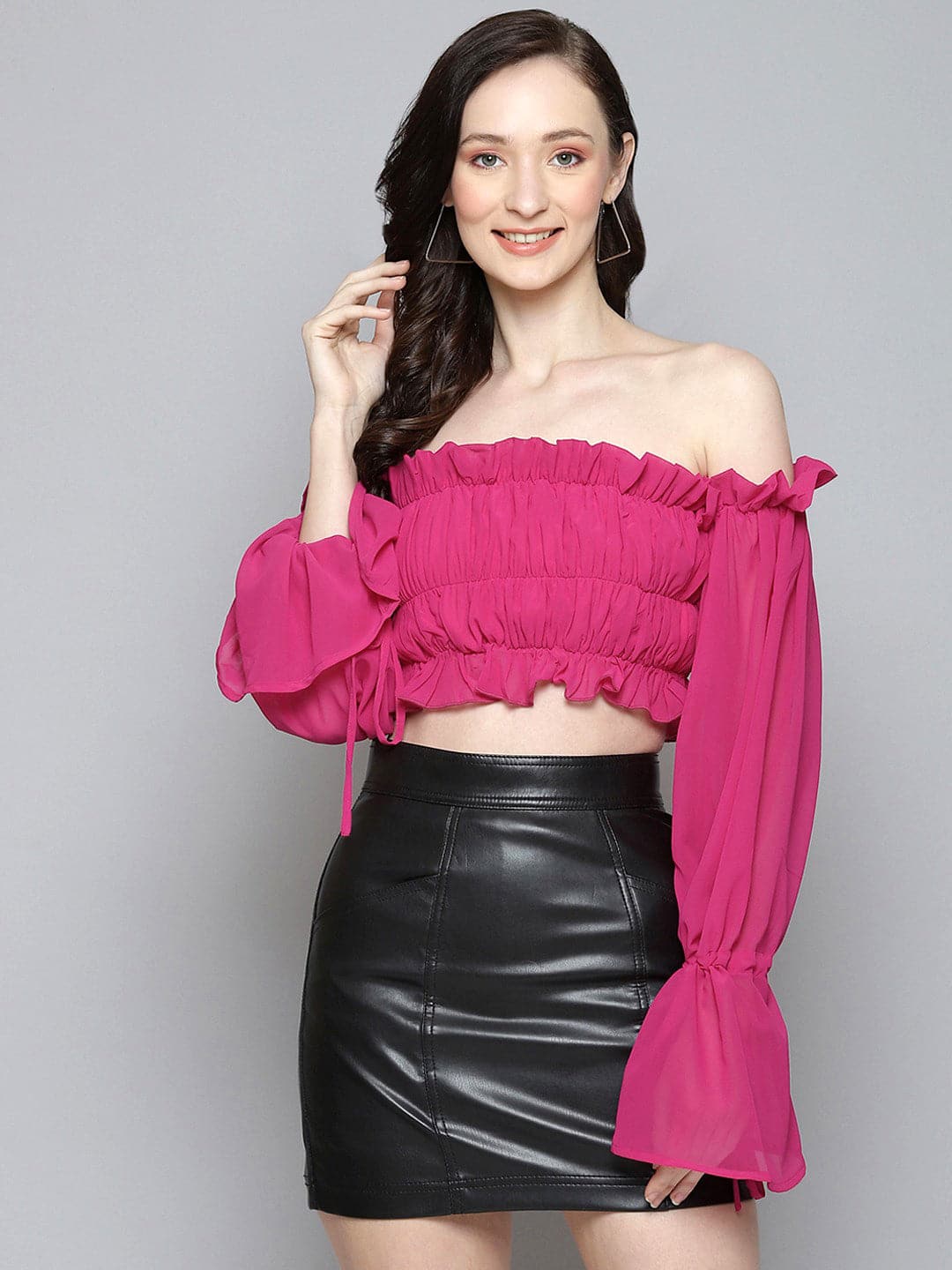 Women Magenta Off Shoulder Ruched Crop Top