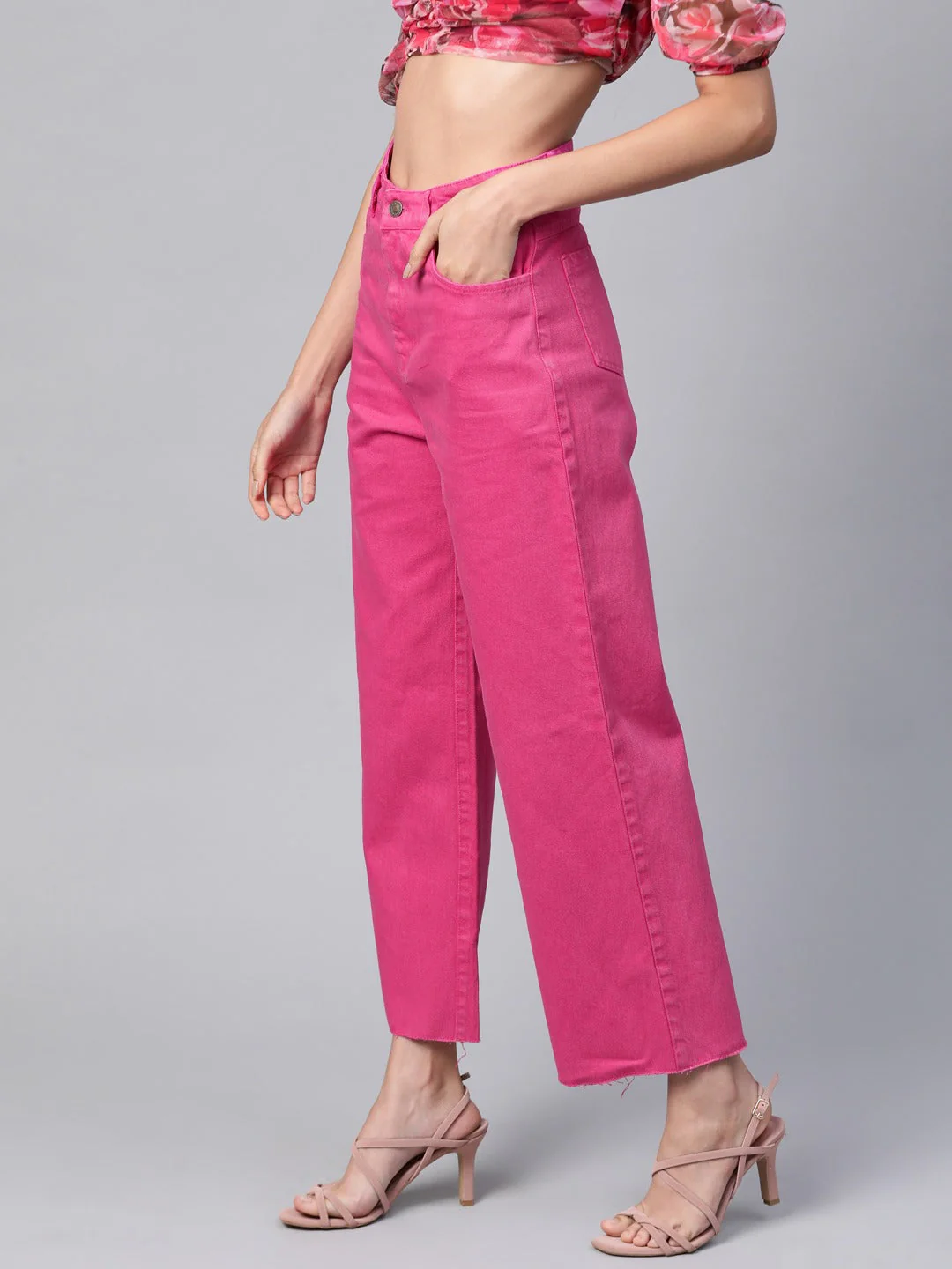 Women Magenta Raw Edge Jeans - Image 2
