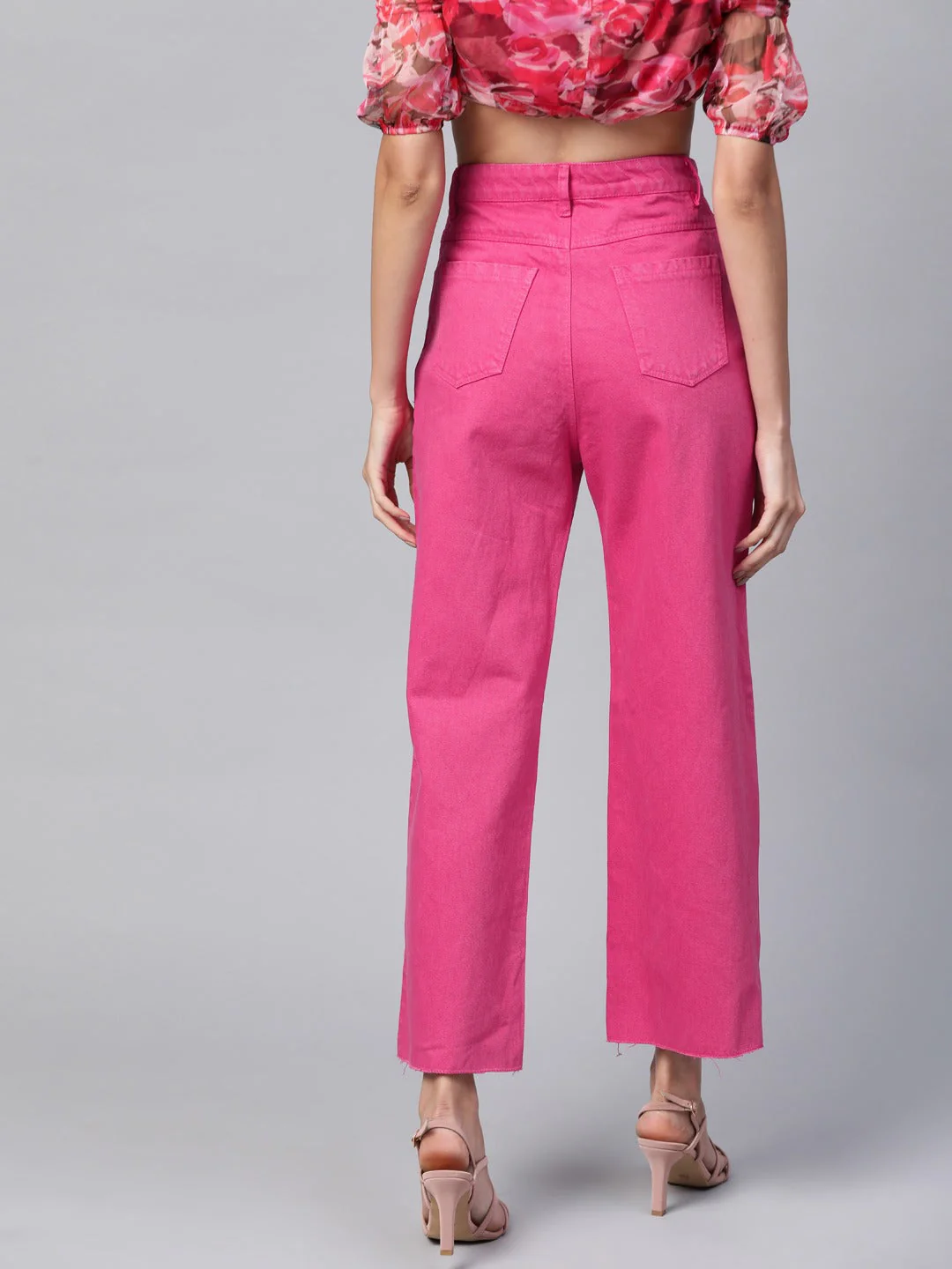 Women Magenta Raw Edge Jeans - Image 3