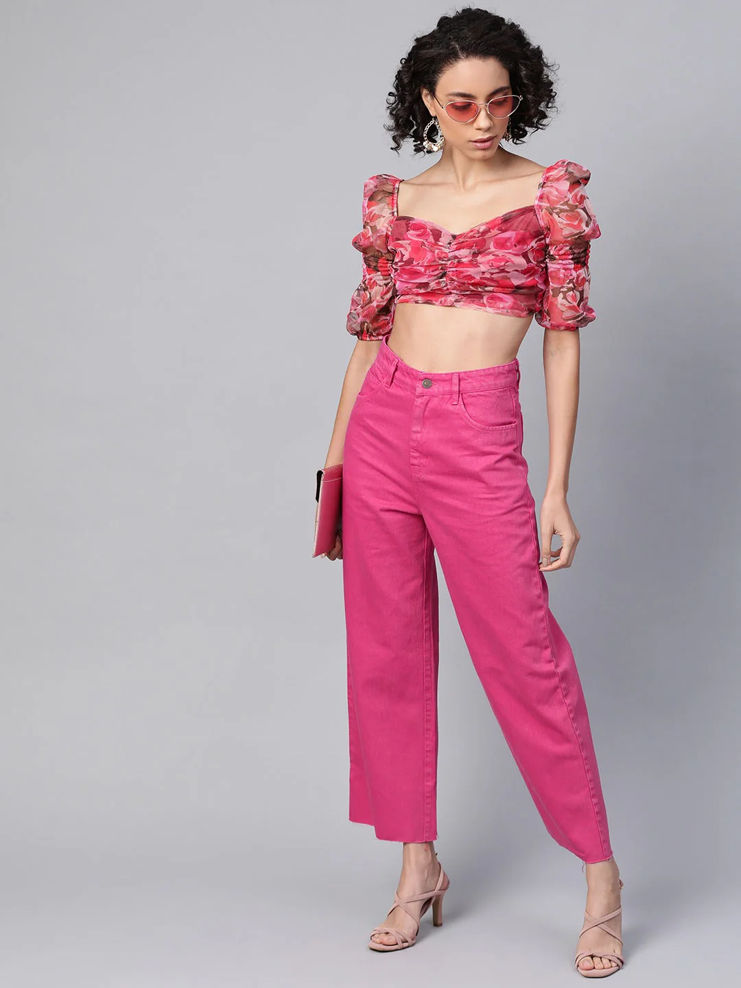 Women Magenta Raw Edge Jeans - Image 4