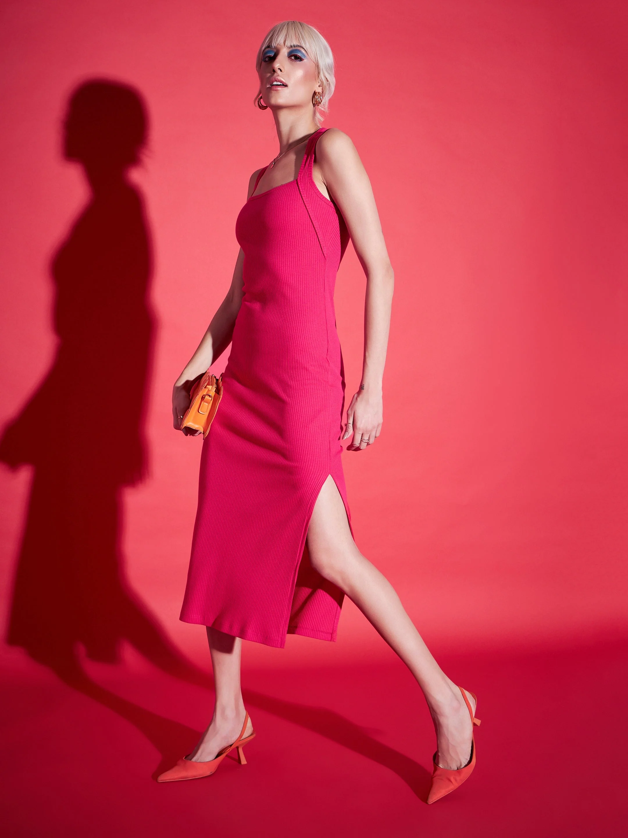 Women Magenta Rib Side Slit Bodycon Midi Dress - Image 4