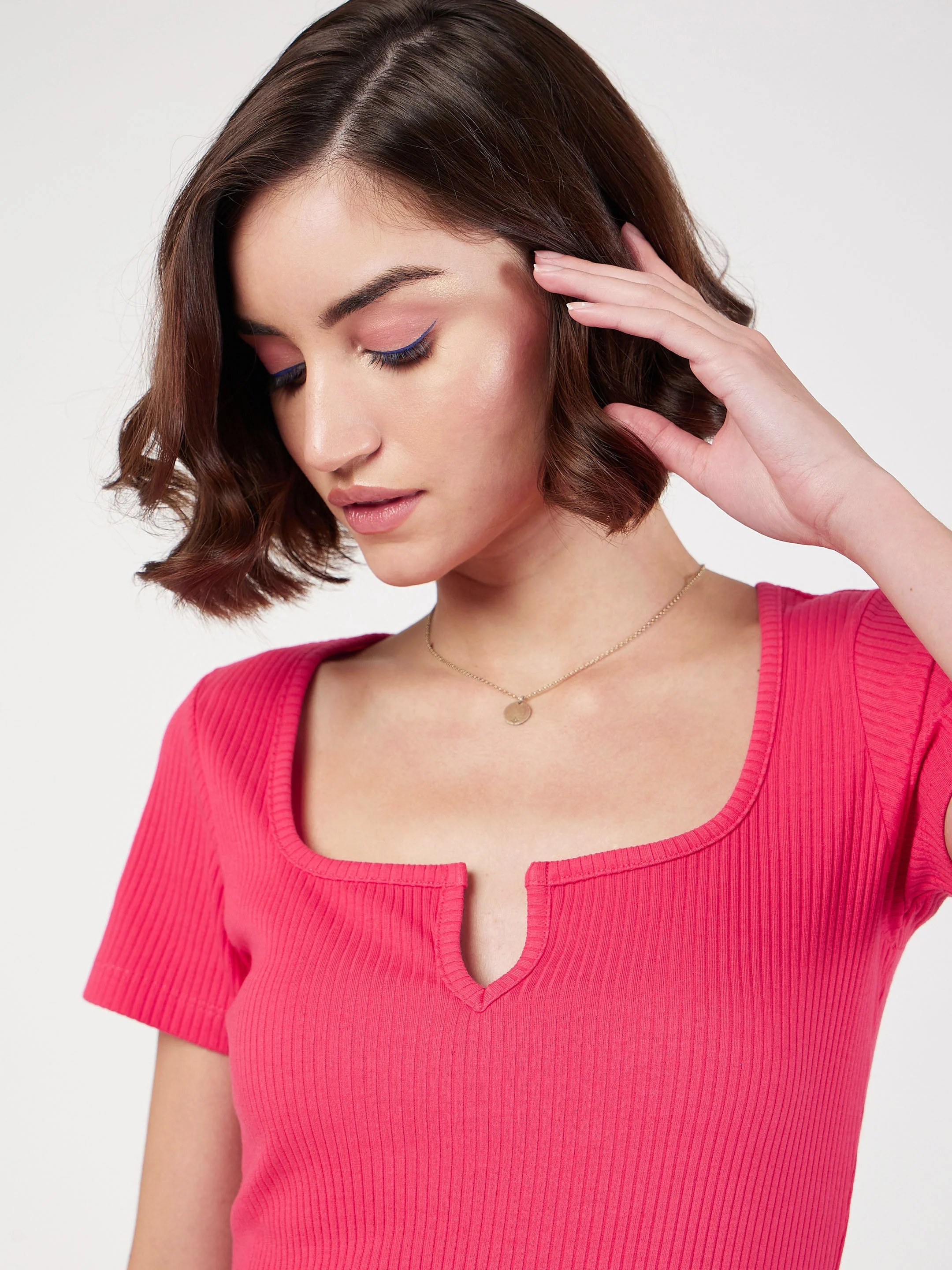 Women Magenta Rib V-Neck Midi Dress - Image 4