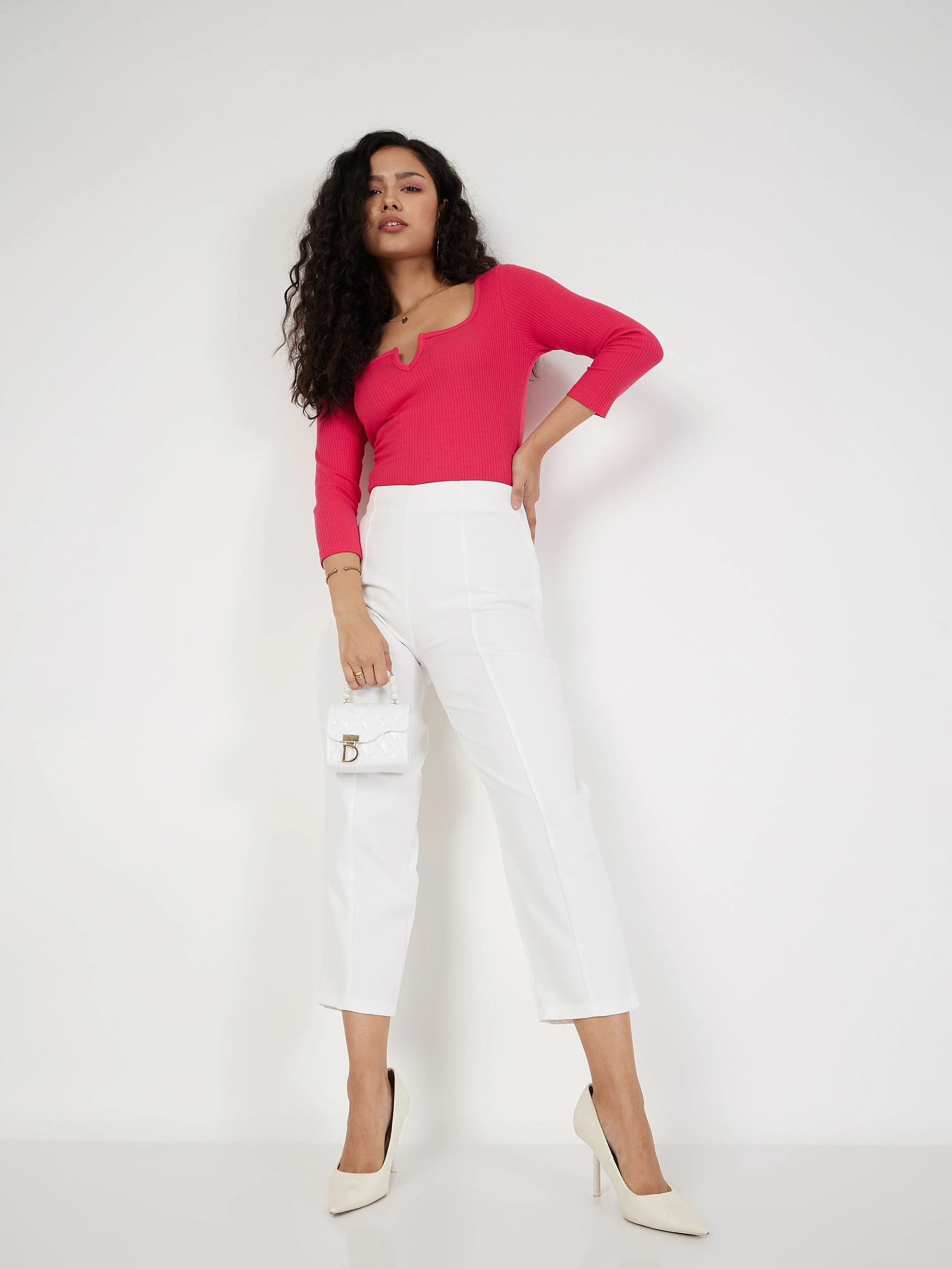 Women Magenta Rib V-Neck Top - Image 2