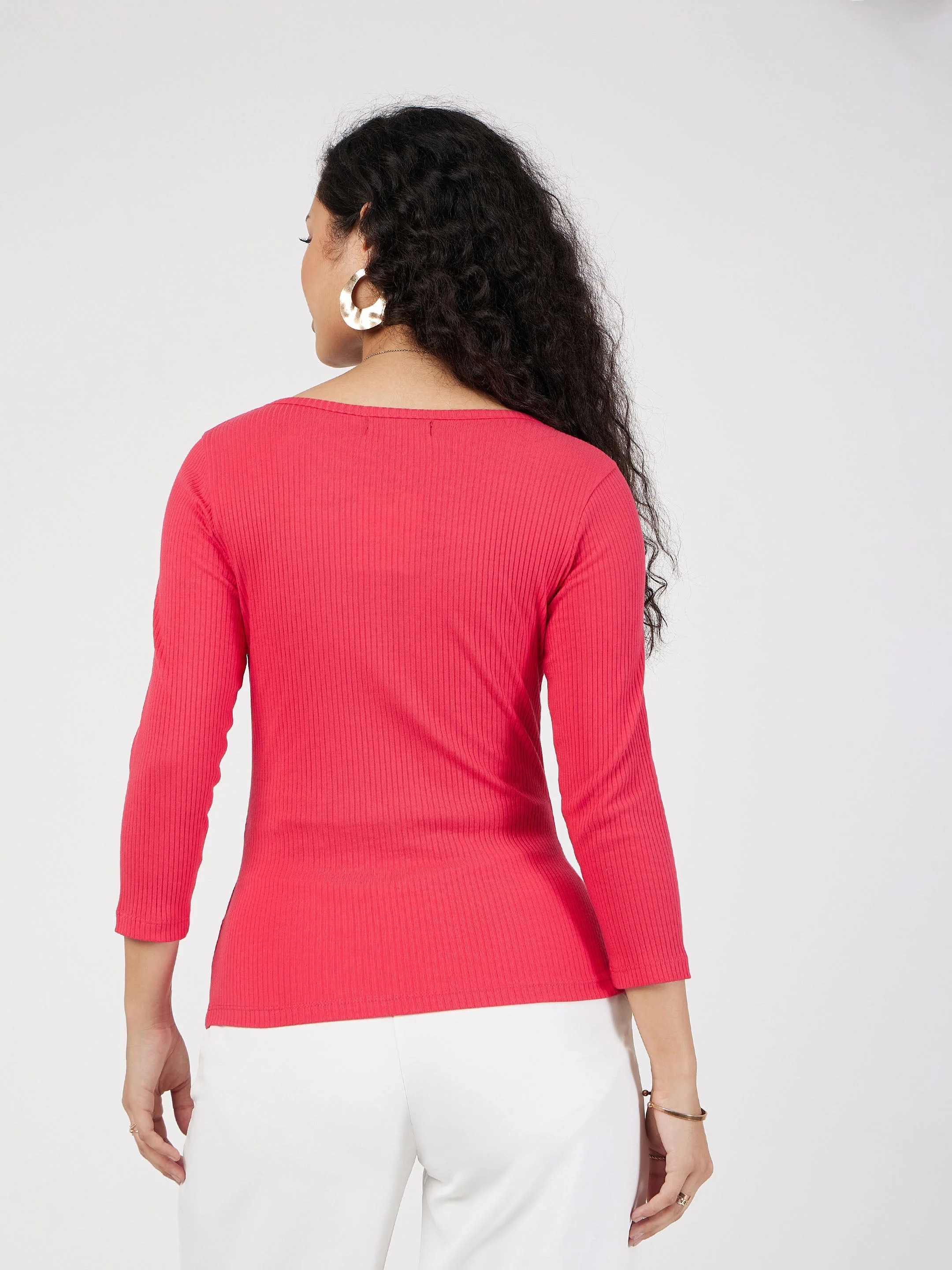 Women Magenta Rib V-Neck Top - Image 5