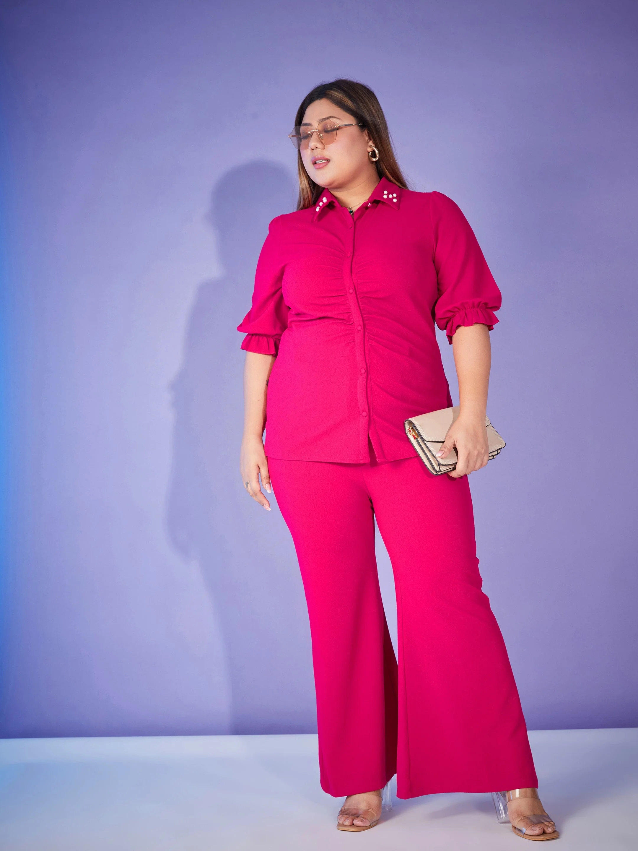 Women Magenta Ruched Pearl Shirt With Straight Pants - Image 2