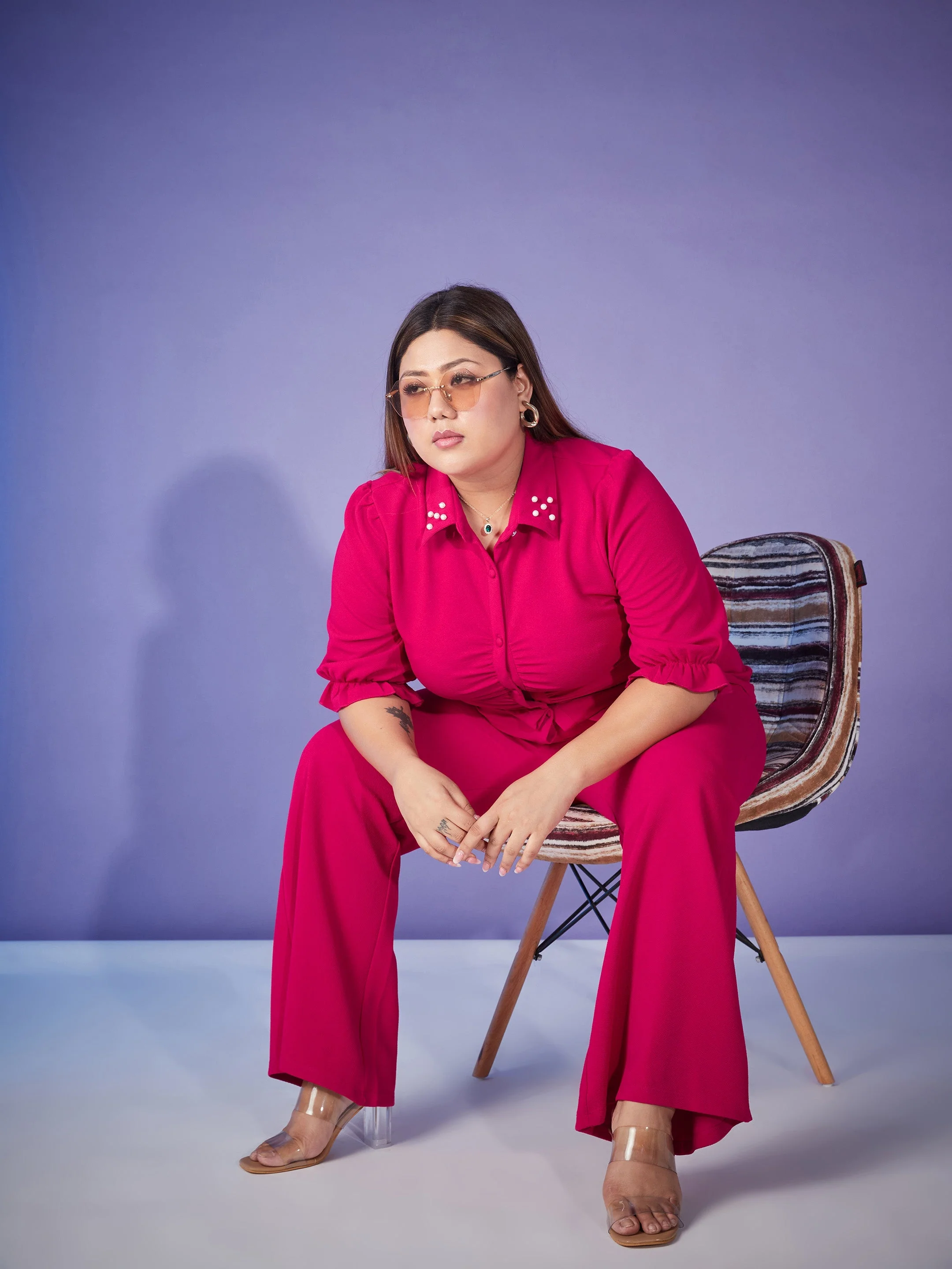 Women Magenta Ruched Pearl Shirt With Straight Pants - Image 3