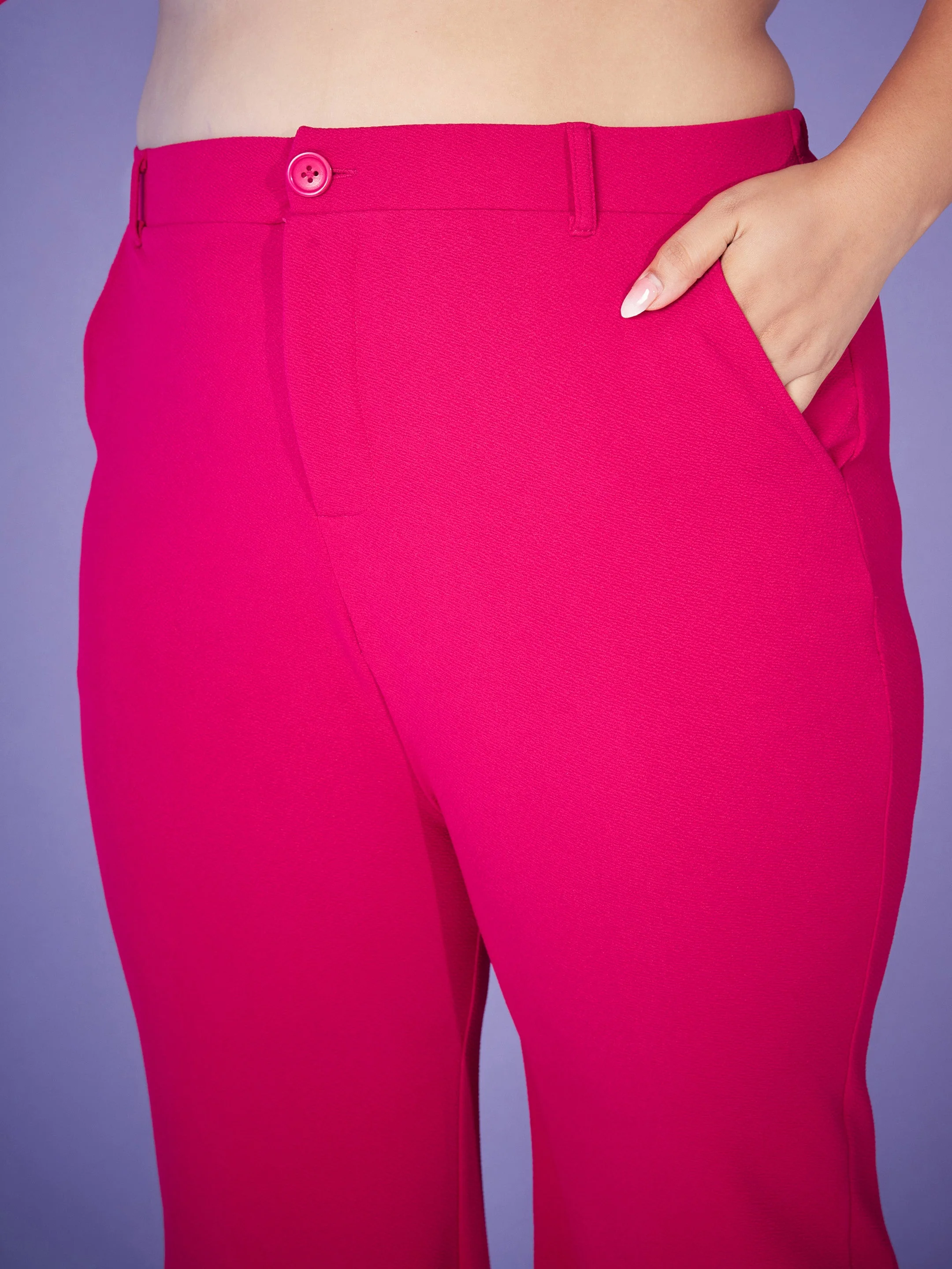 Women Magenta Ruched Pearl Shirt With Straight Pants - Image 5