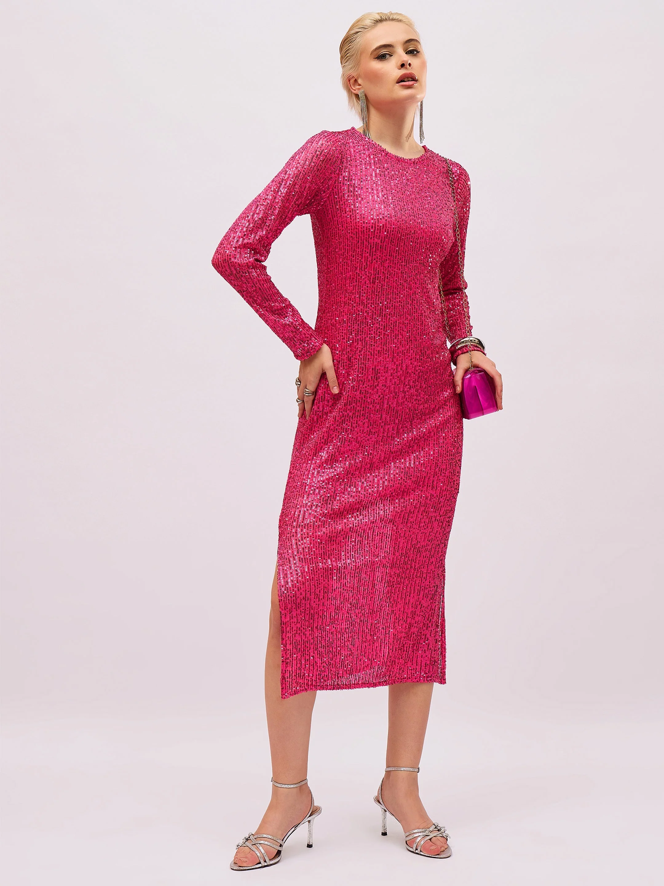 Women Magenta Sequin Round Neck Side Slit Midi Dress - Image 2