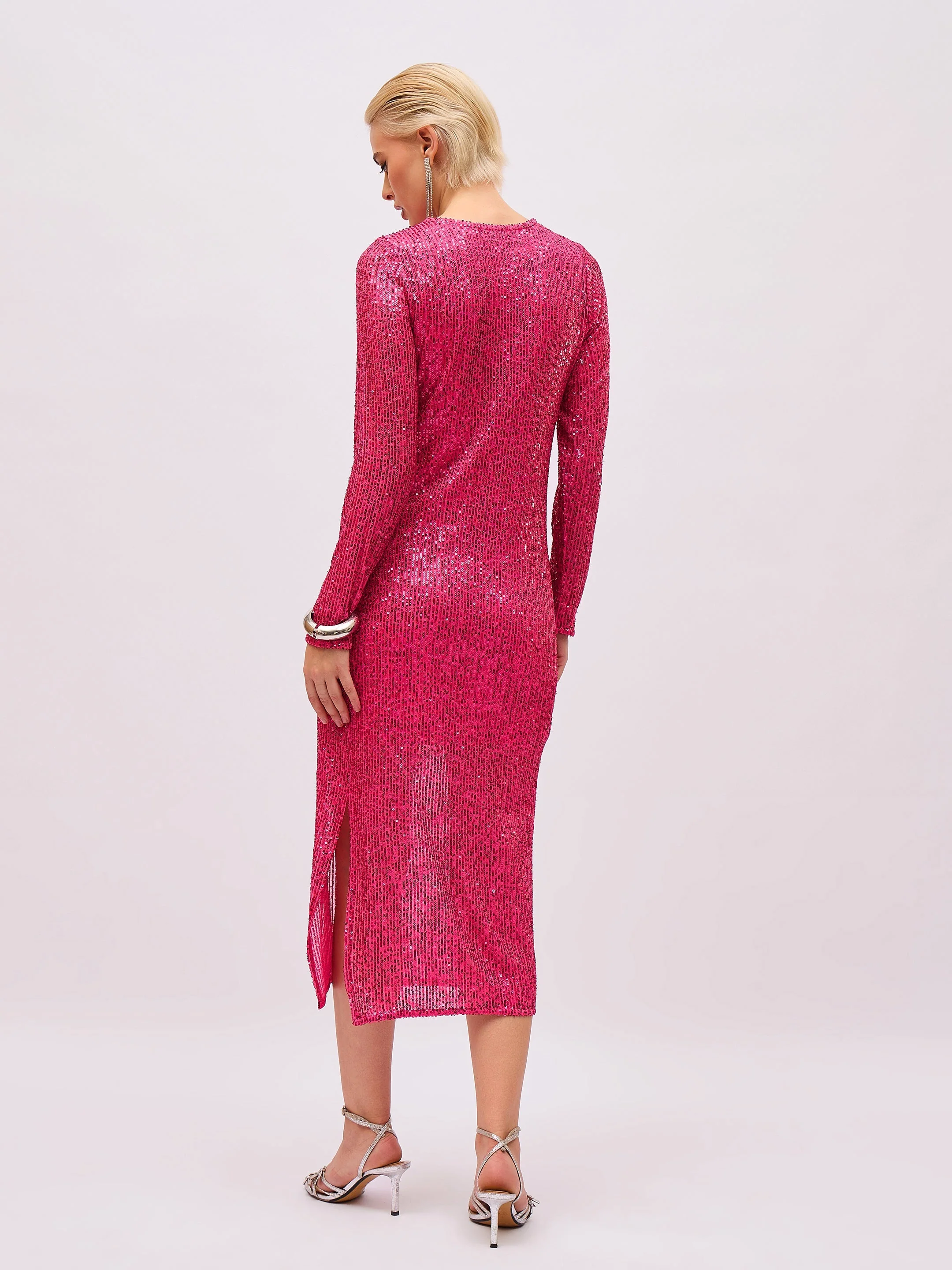 Women Magenta Sequin Round Neck Side Slit Midi Dress - Image 5