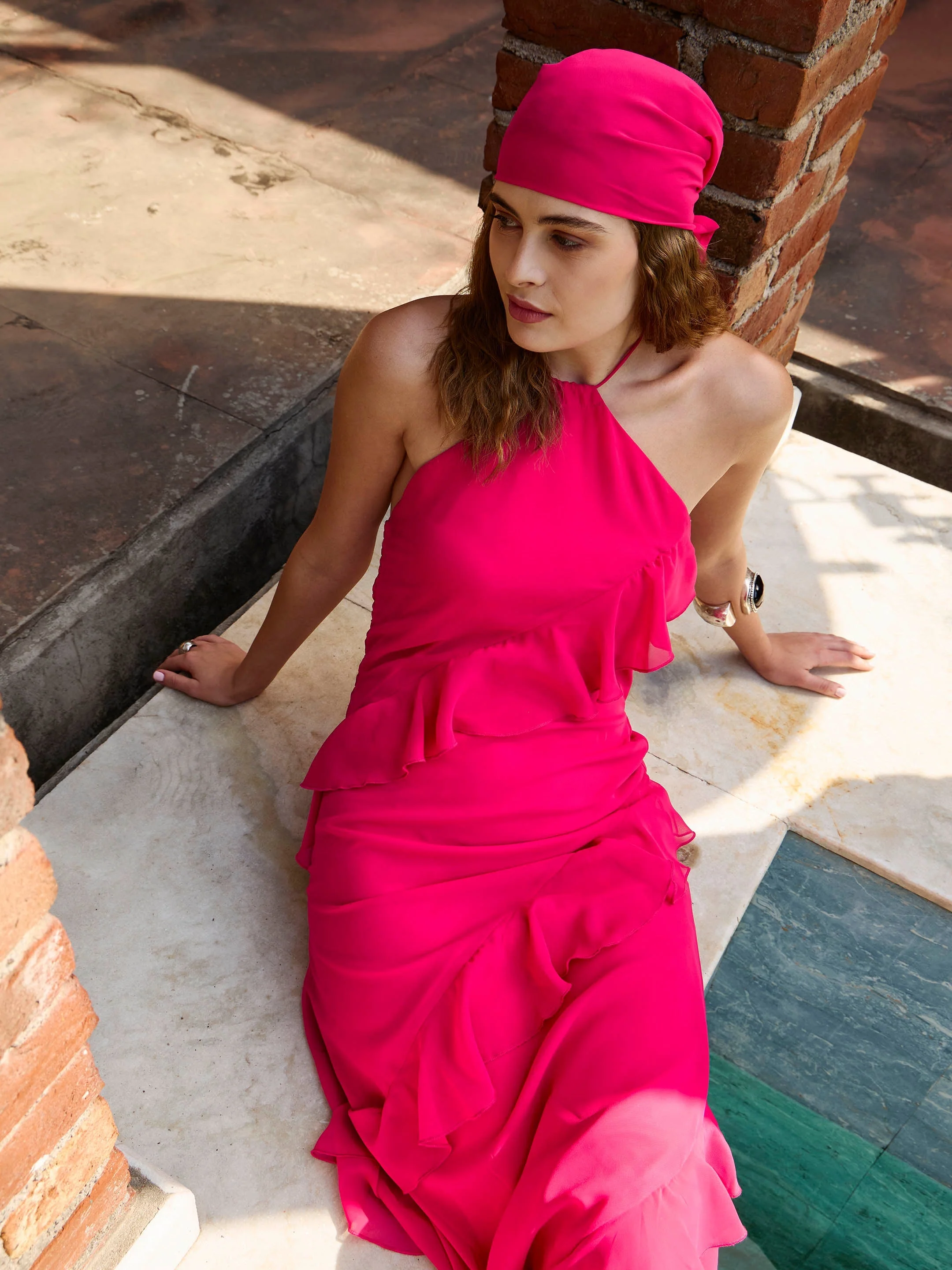 Women Magenta Solid Halter Neck Maxi Dress - Image 2